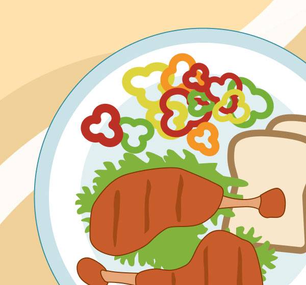 Plate of chicken, bread and vegetables