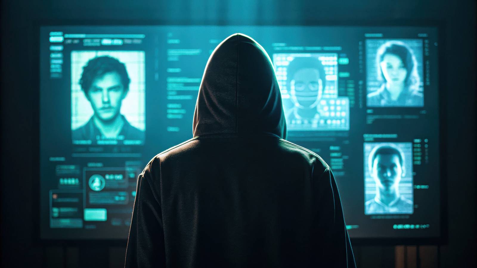 fraudster in hoodie looking at computer screen with various individuals 