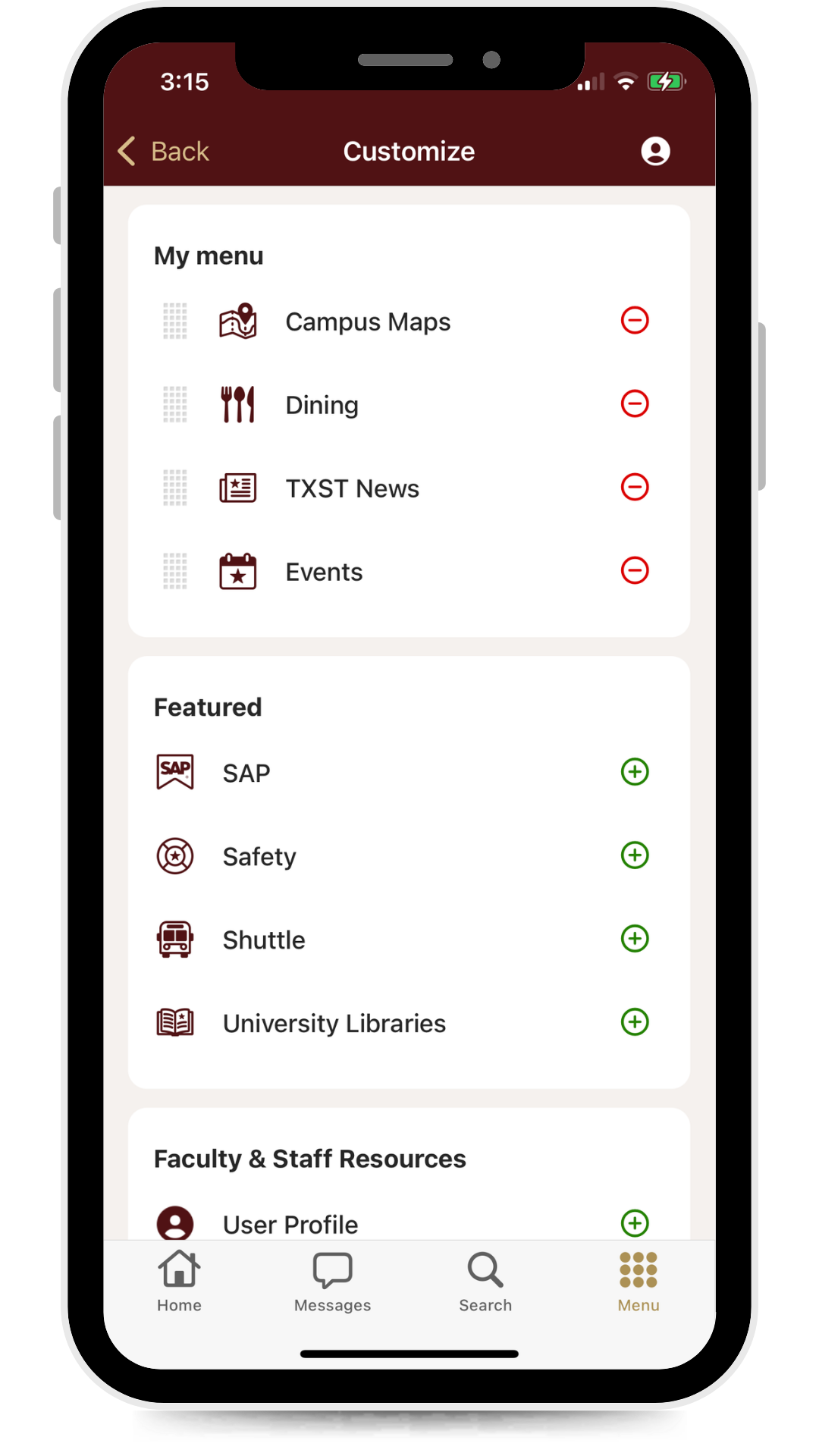 Mobile phone showing the app's menu customization controls