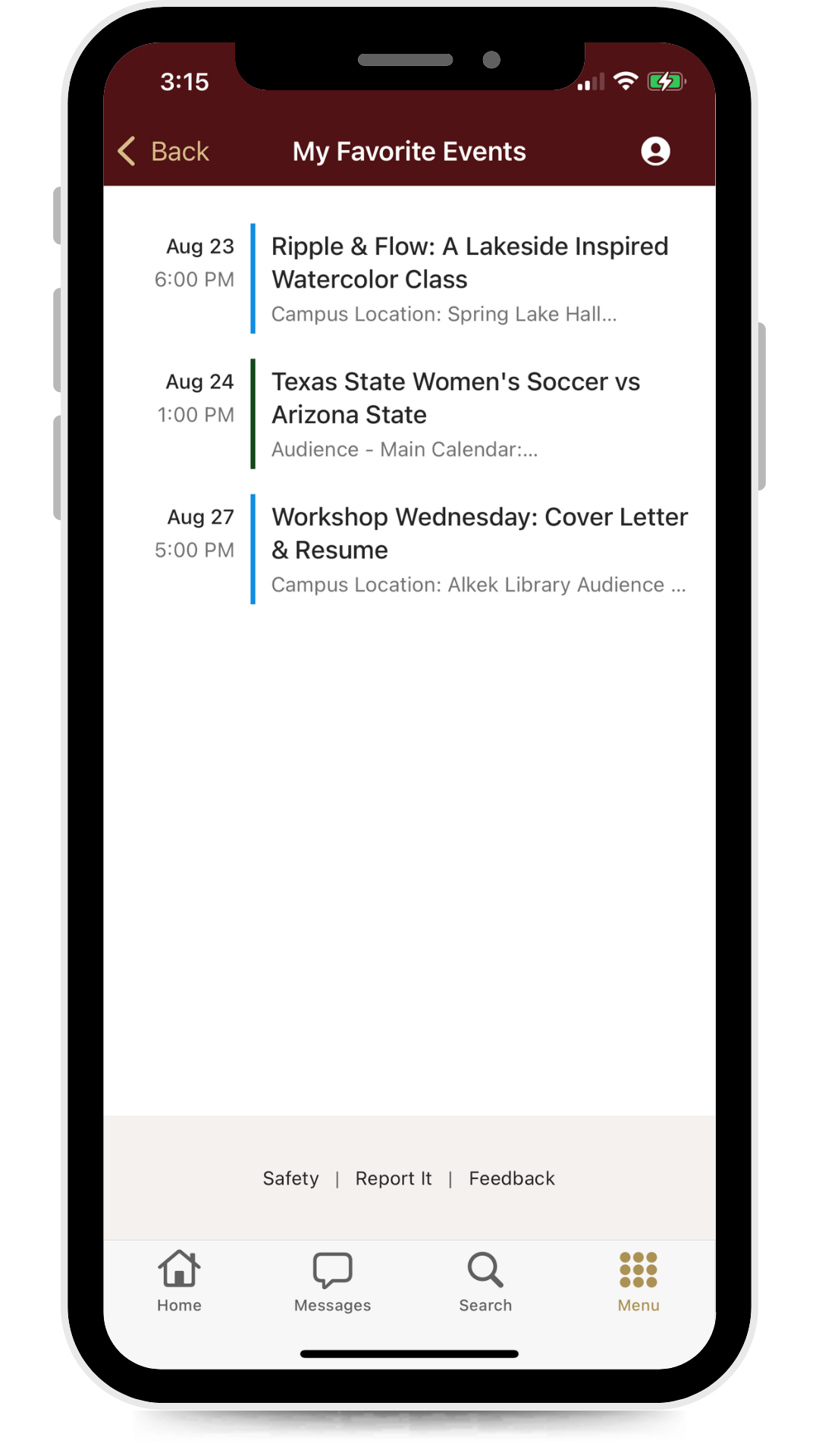 Mobile phone showing the Favorite Events screen