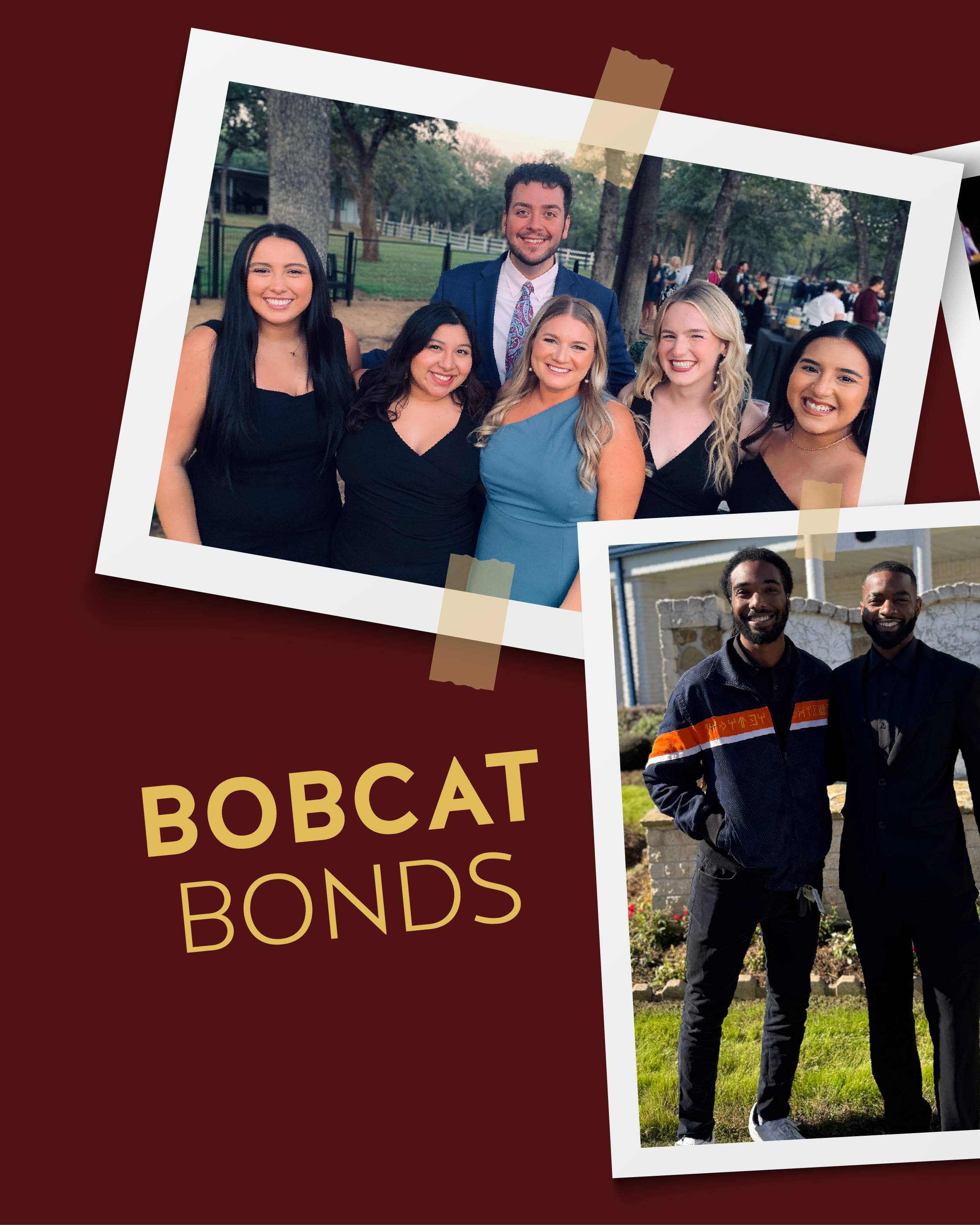 One half of a collage of four photos of friends that met at Texas State with text "Bobcat Bonds"