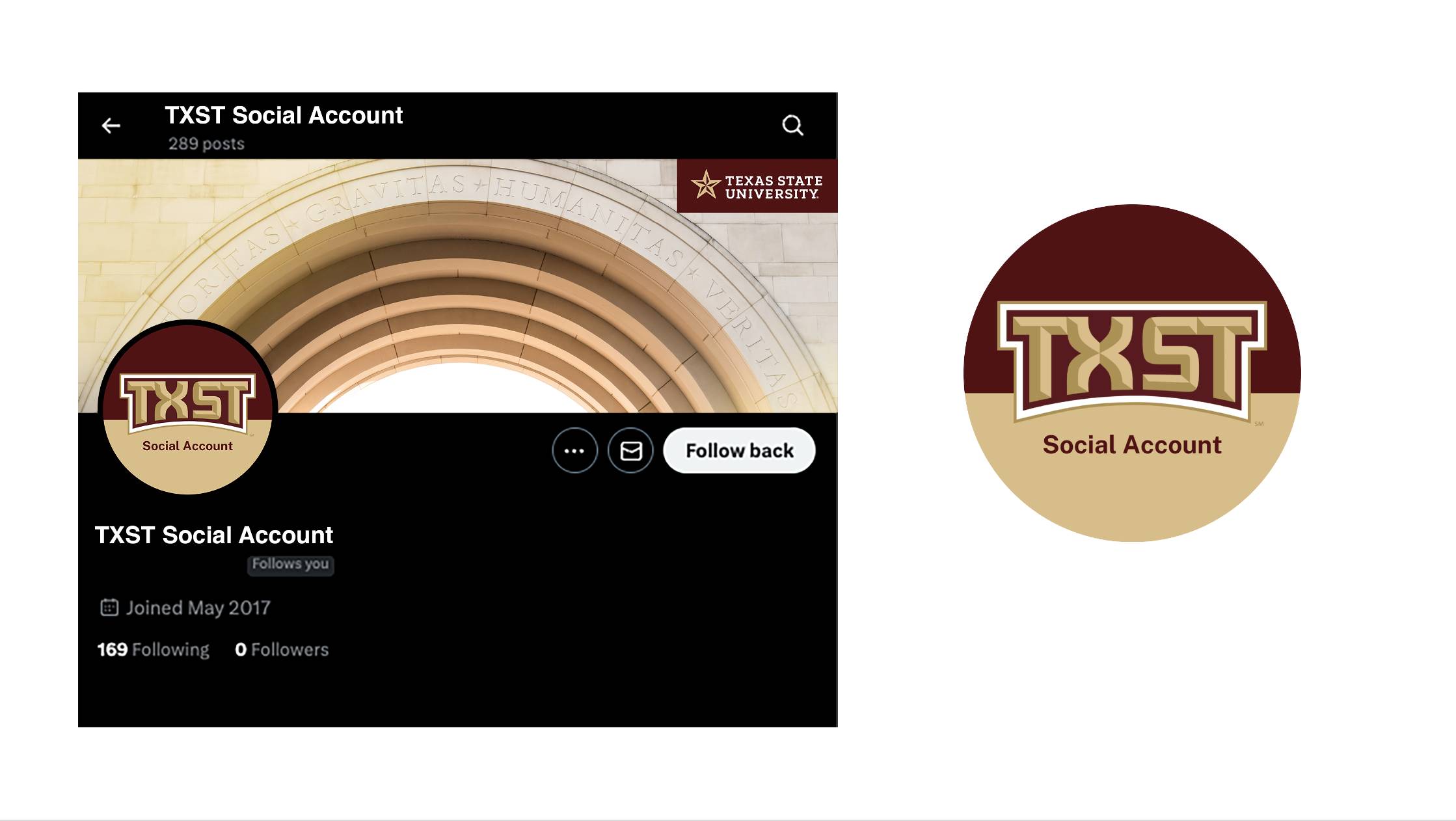 Texas State University social avatar on X mockup and example