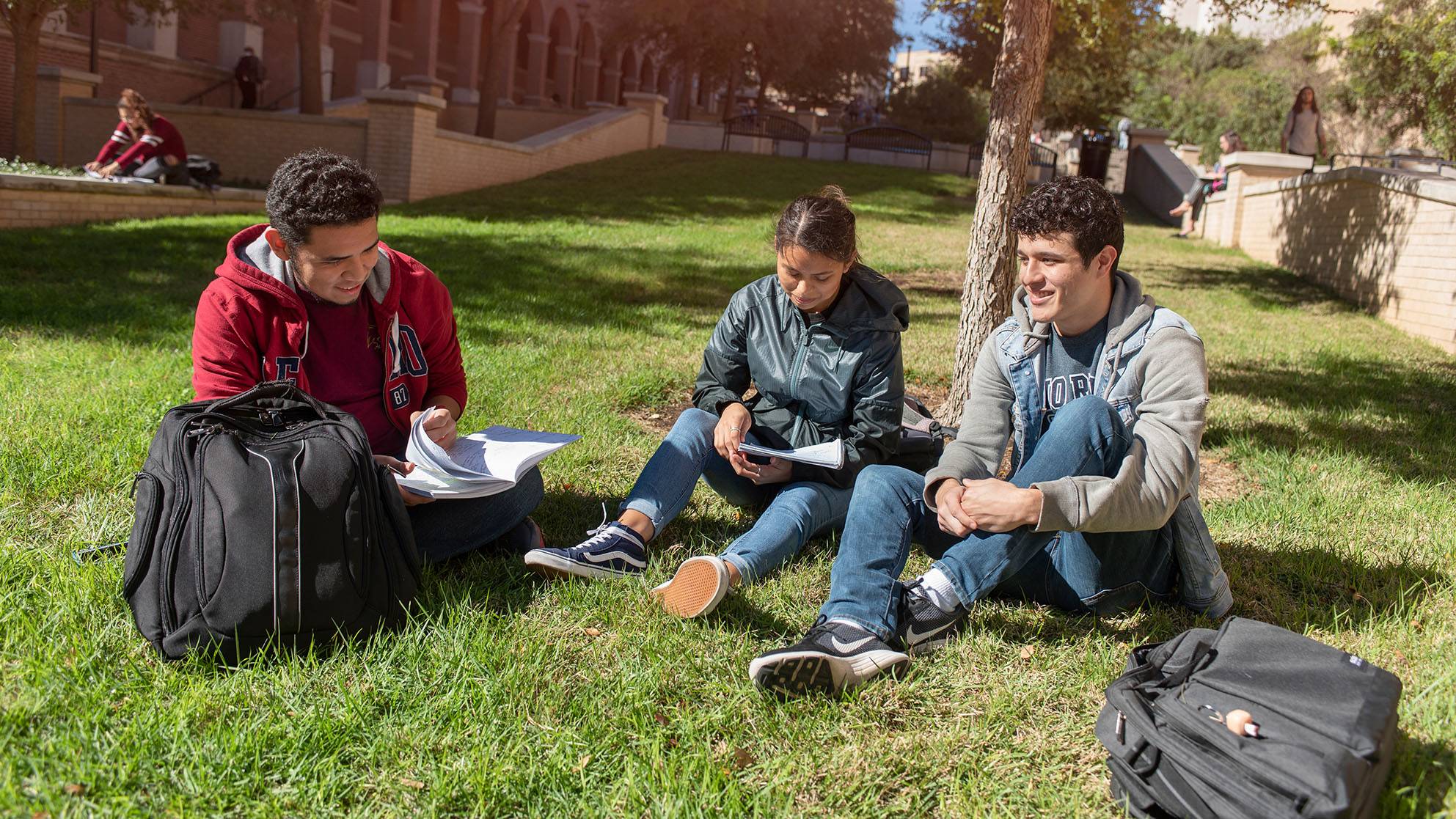 A few students sit outside and study together.