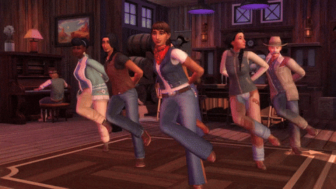A scene from The Sims video game series, depicting several Sims dressed in western outfits performing a line dance together inside a stylized wooden saloon, with another Sim playing the piano in the background.