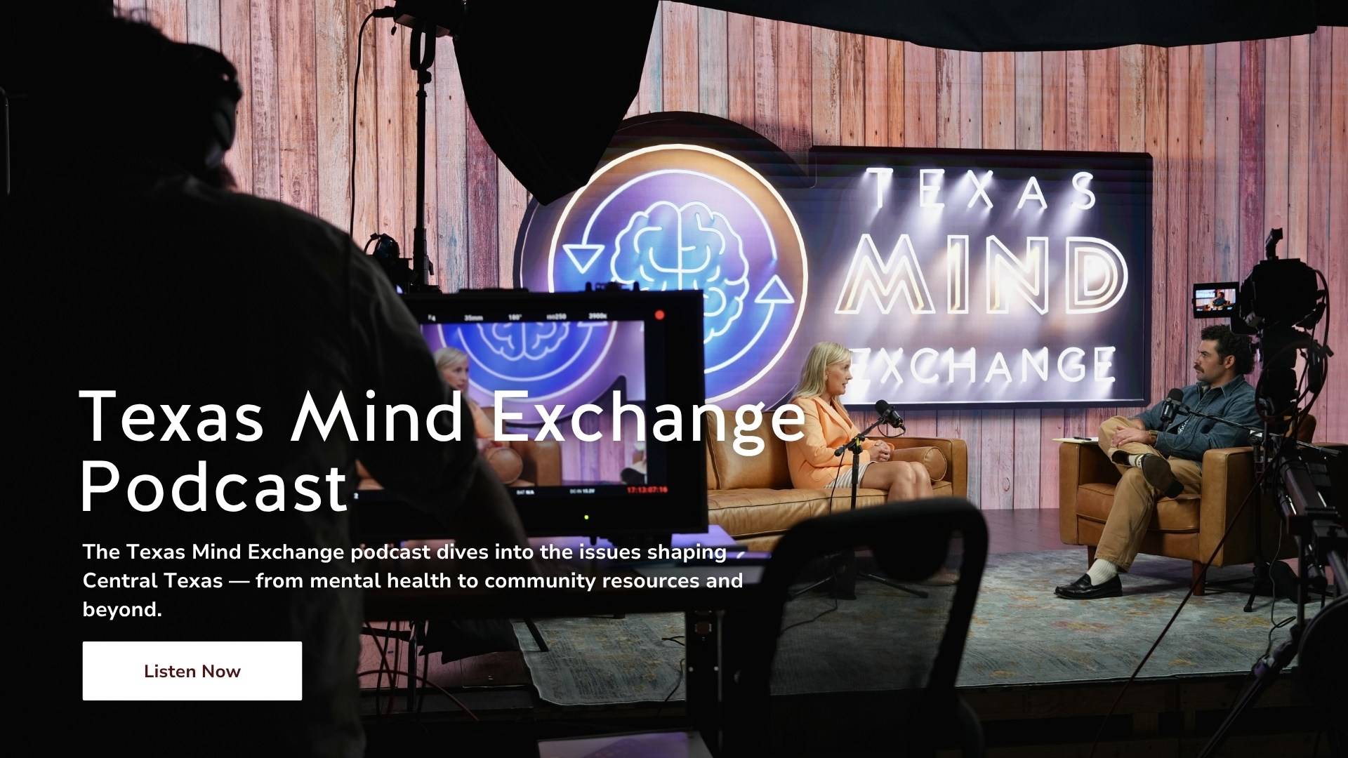 Dr. Melinda Villagran and Podcast Host, Cody Gould sit on the set of Texas Mind Exchange