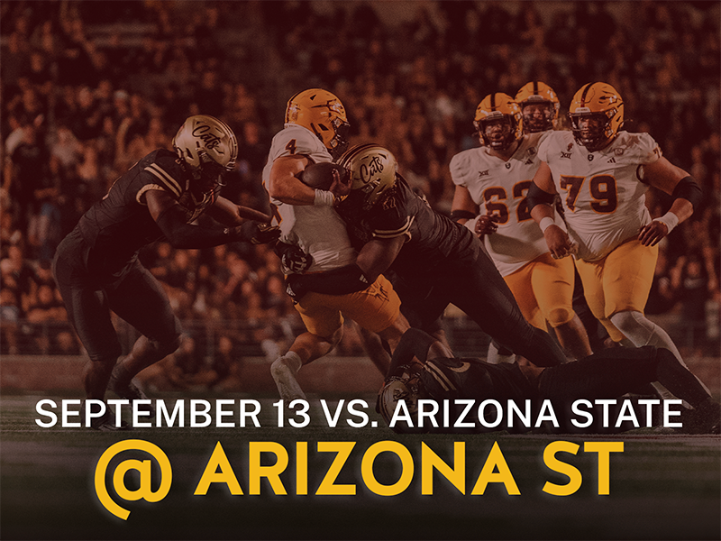 Texas State football players against Arizona State with text reading September 13 vs. Arizona State, at Arizona State