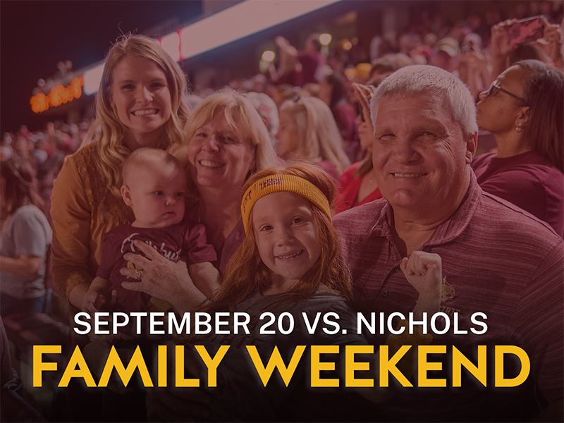 Family of five at a football game with text readying September 20 vs. Nichols, family weekend