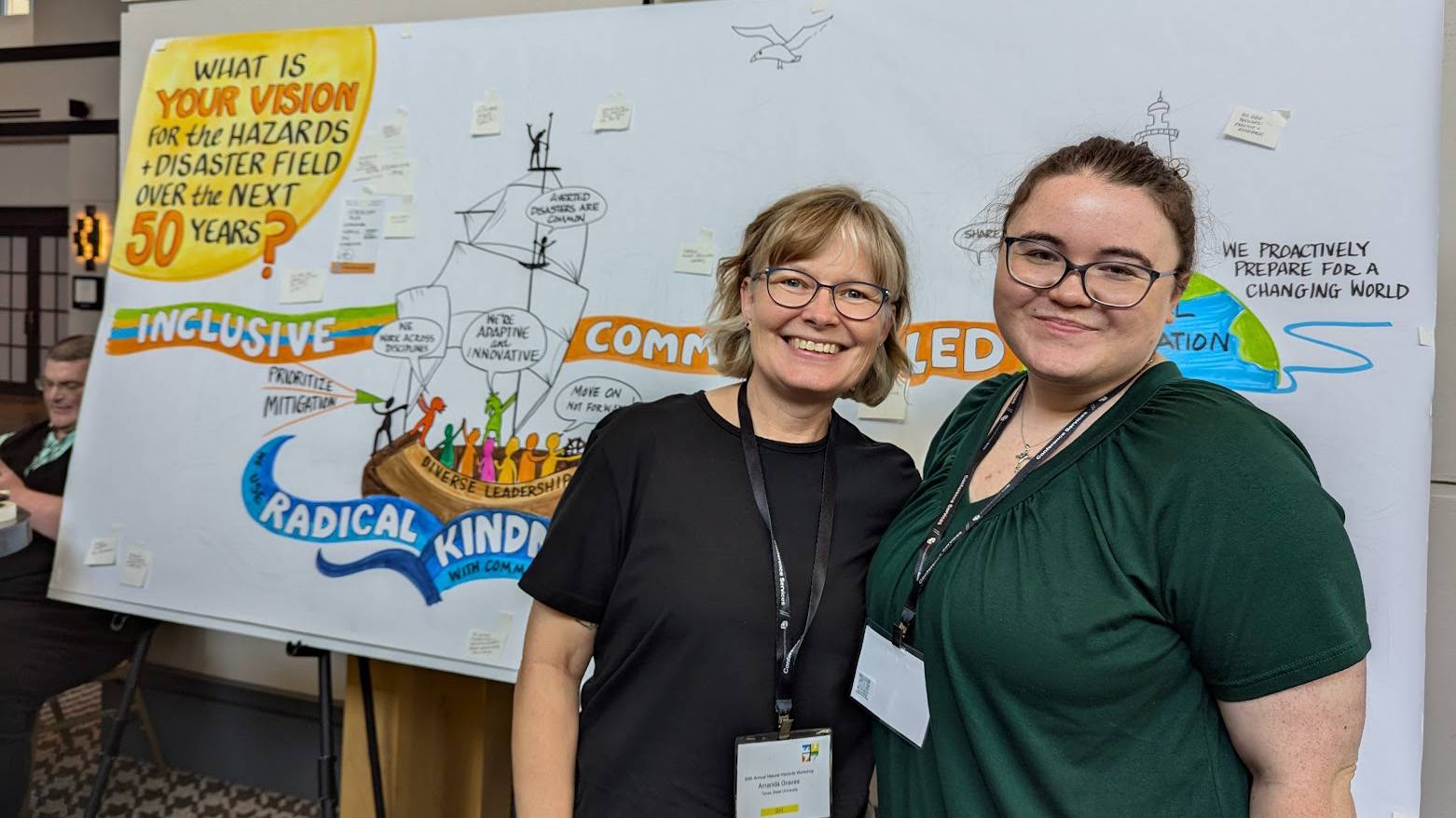 Amanda Graves (left) and Lacey Koehler pose for a picture in front of a whiteboard.