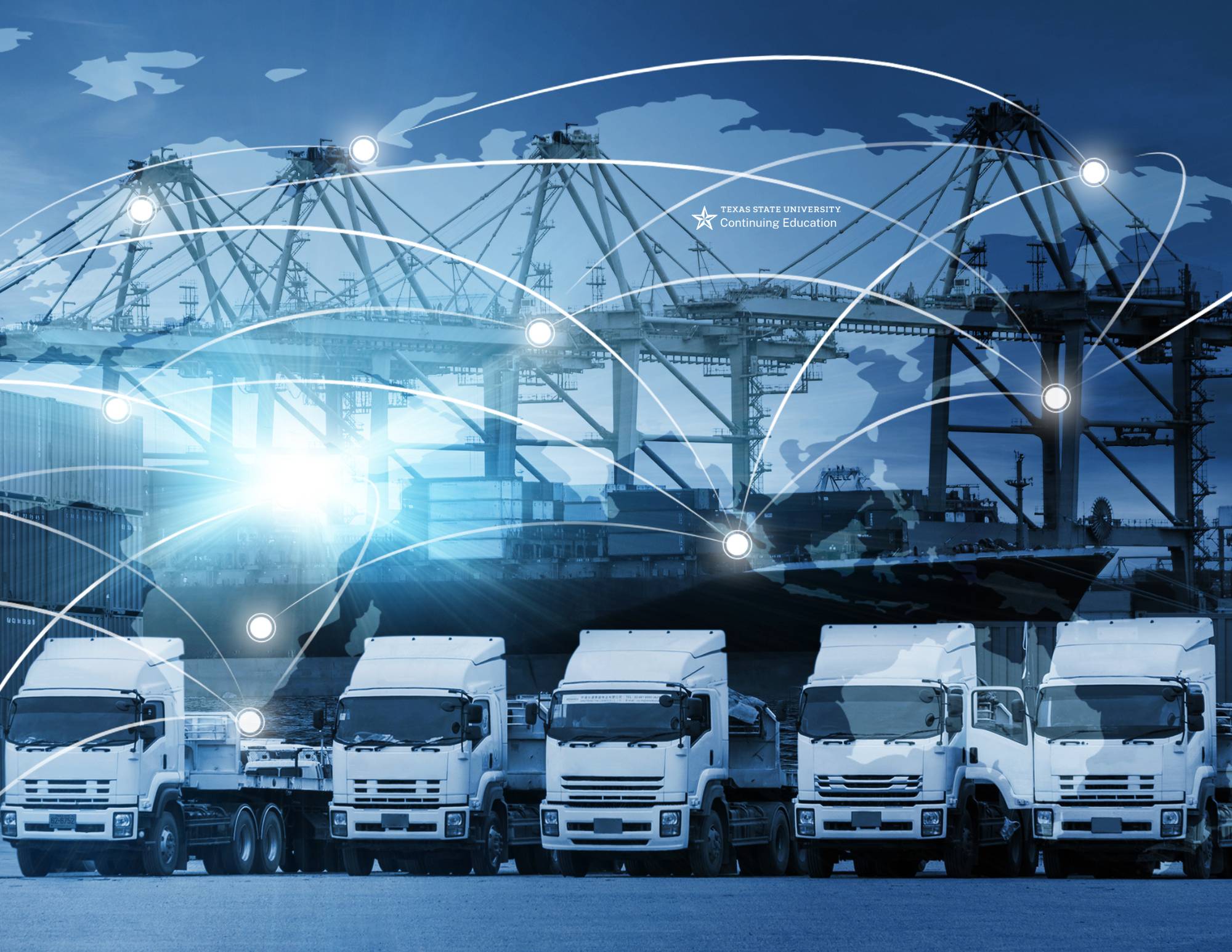 a row of white trucks under docks and cranes with white map locations over it