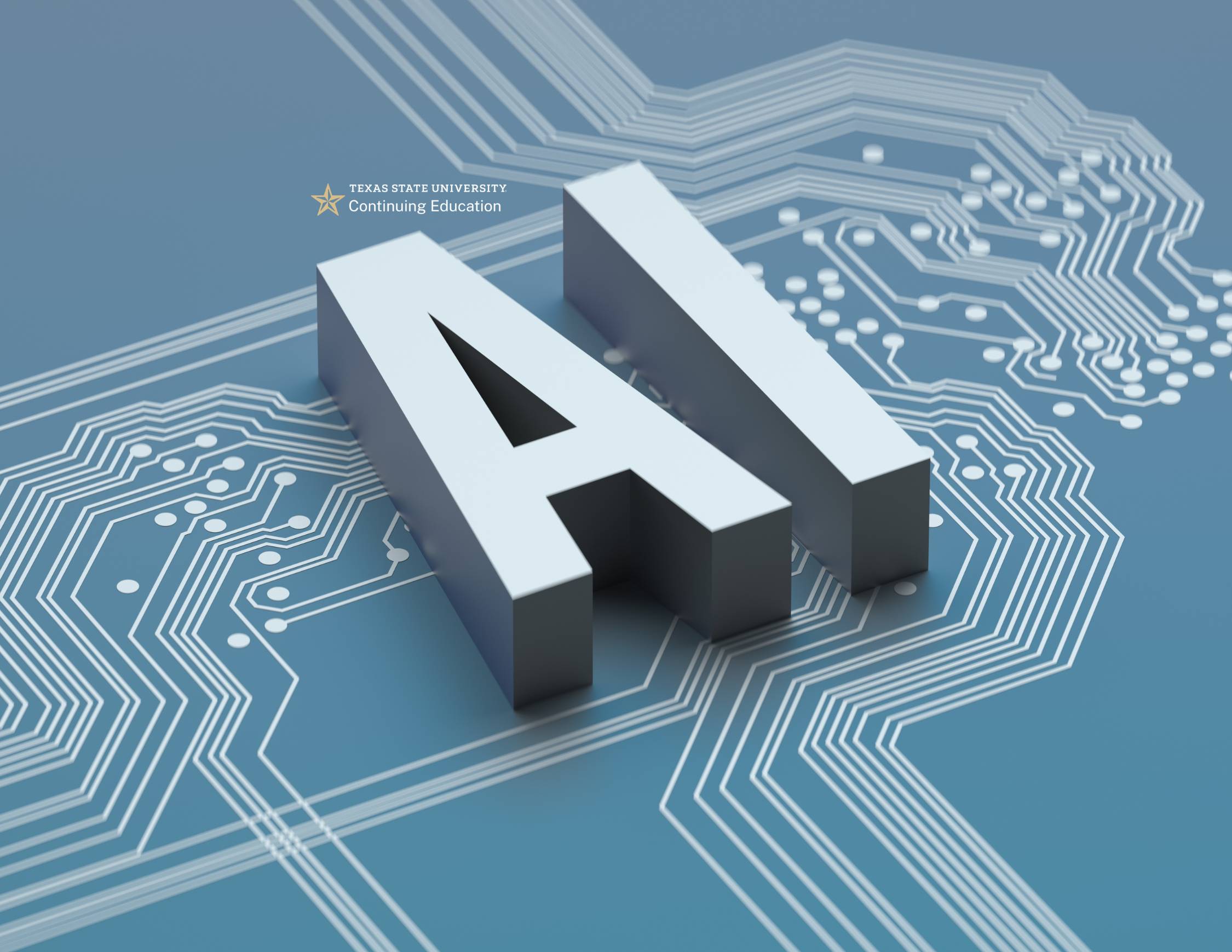 raised metal letters that spell AI on top of blue and white image of lines
