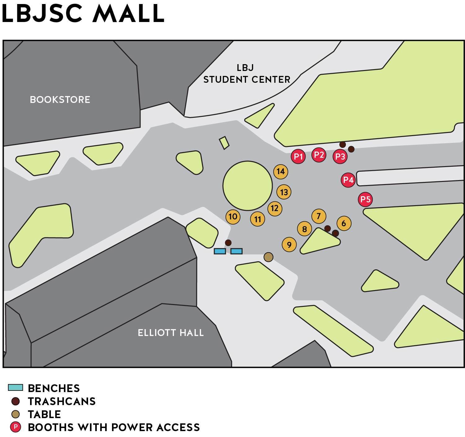 Outdoor Map for LBJ Mall Bobcat Bazaar - shows where the booths and tables and trashcans and benches are 