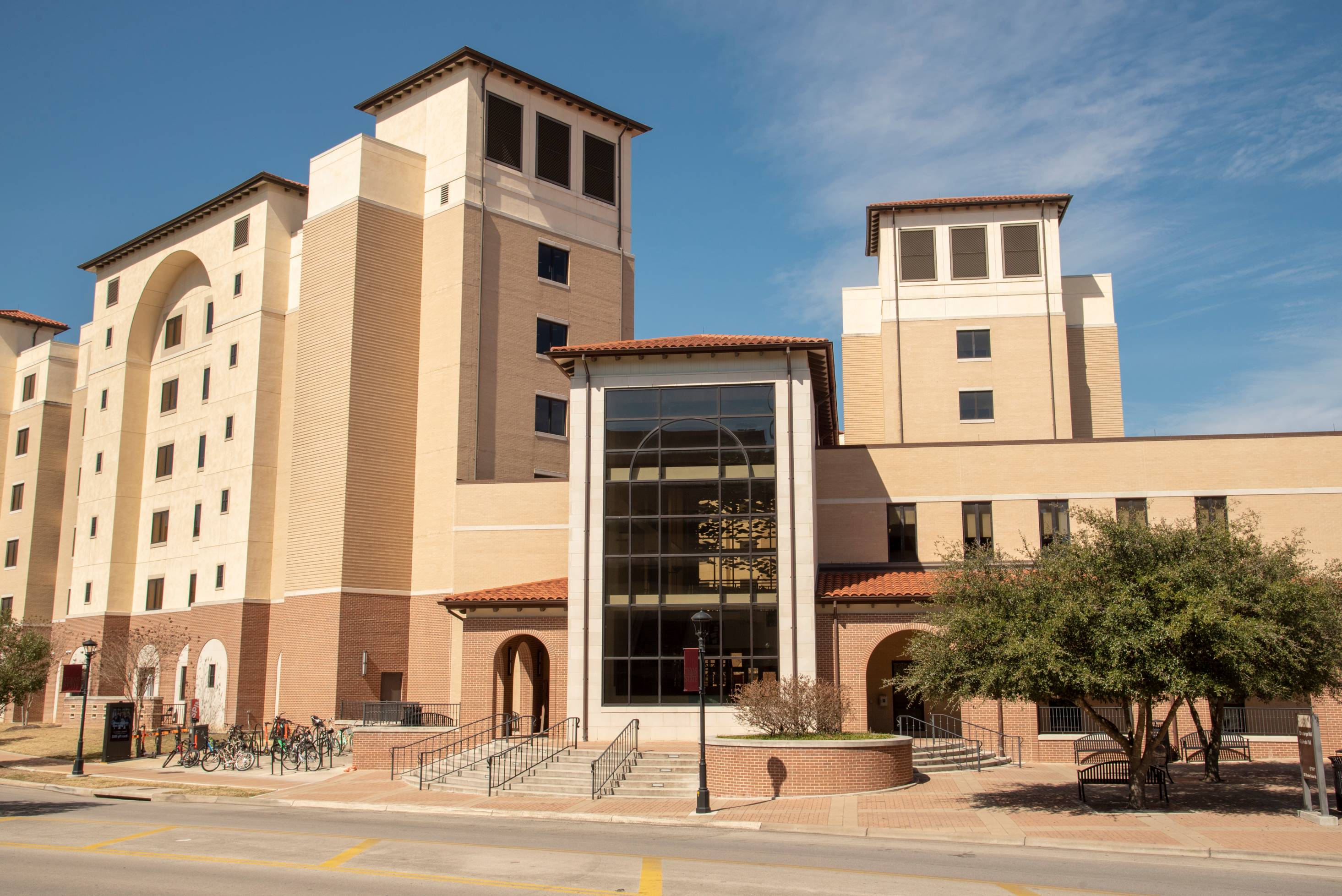 Street view of a TXST residence hall on campus