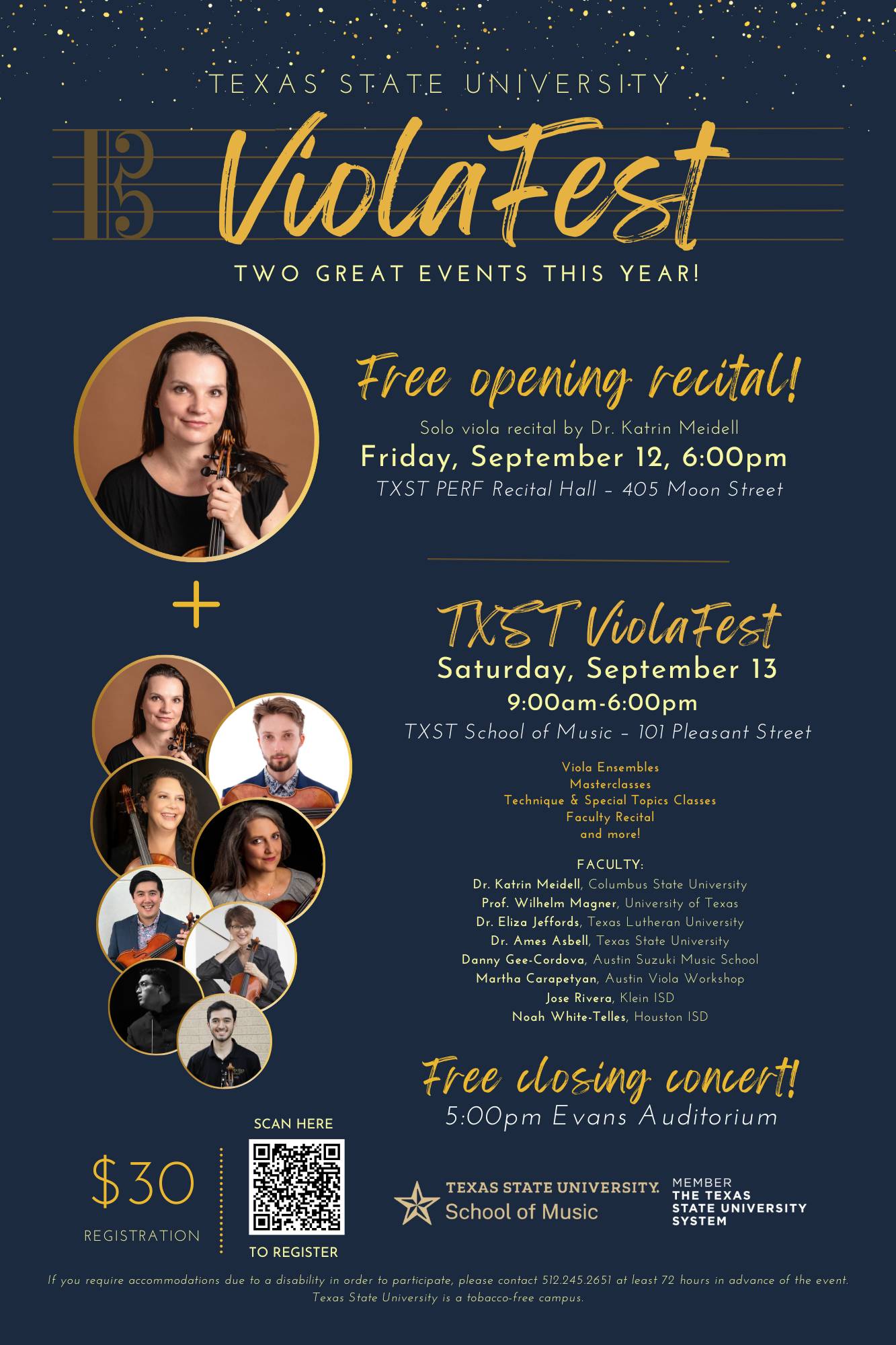 dark blue background with circular faculty photos and general event information
