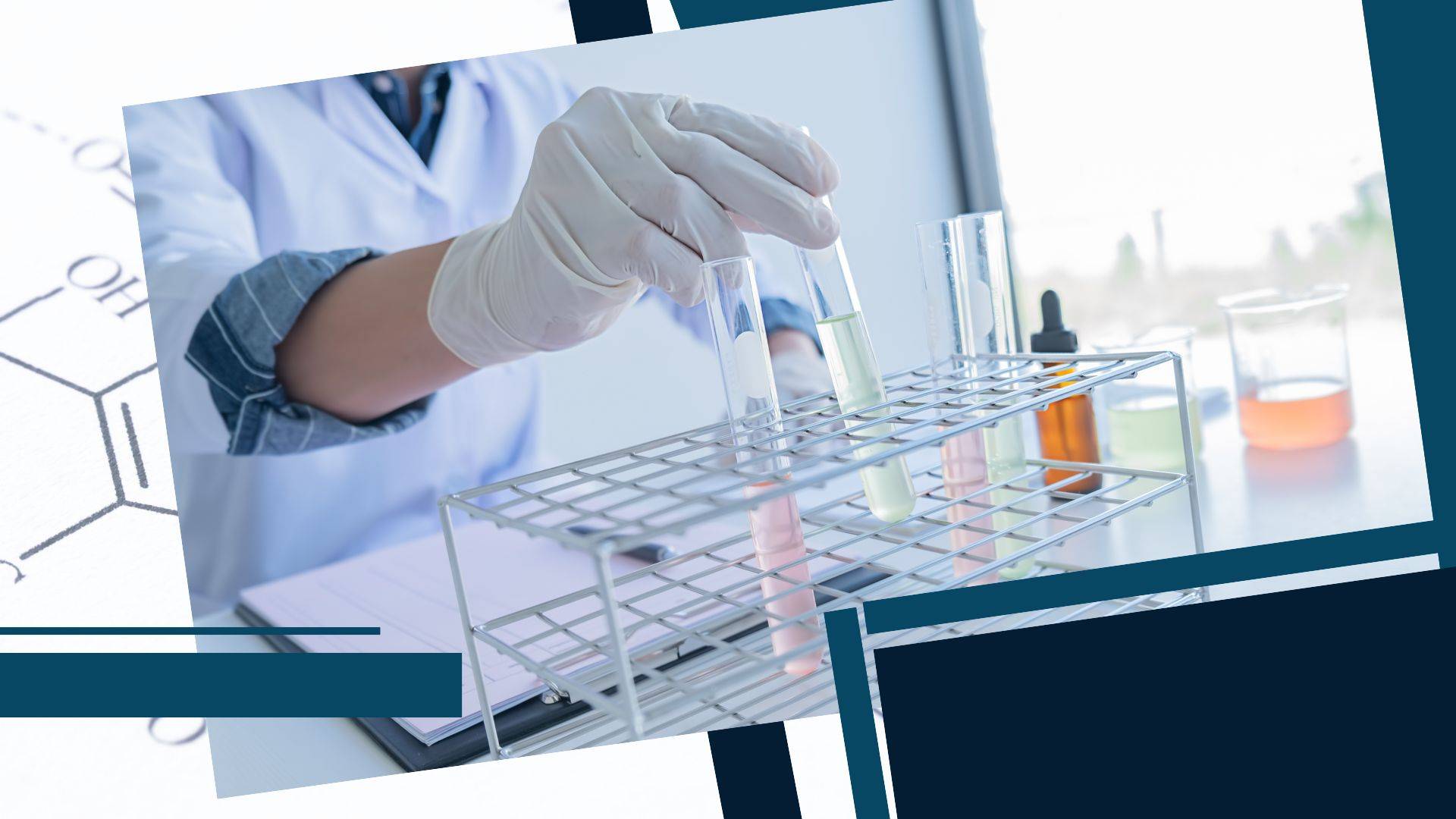 Scientist wearing gloves placing test tubes with colored liquids into a metal rack in a laboratory setting.