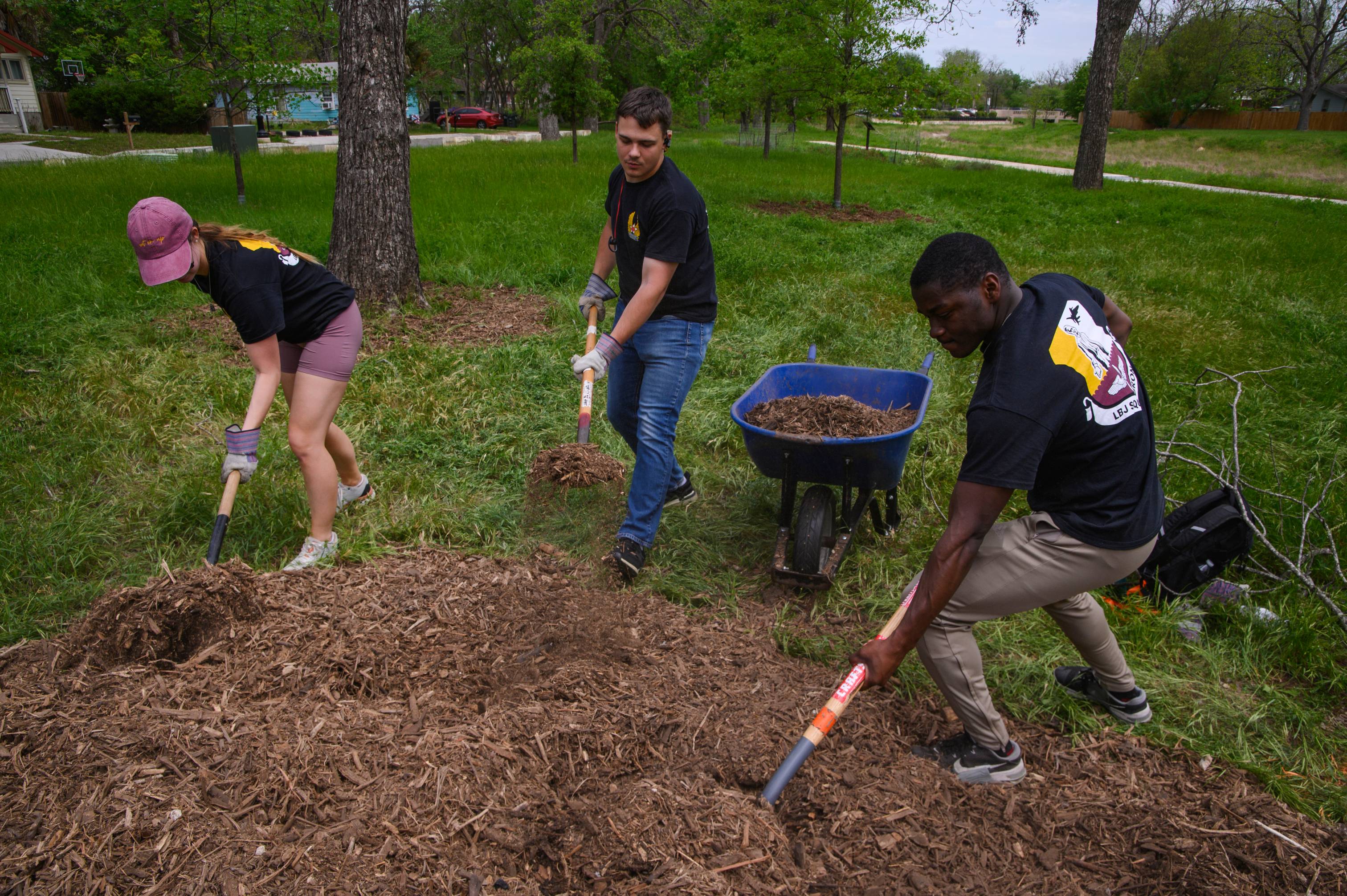 3 people are shoveling a pile of dirt into a wheelbarrow