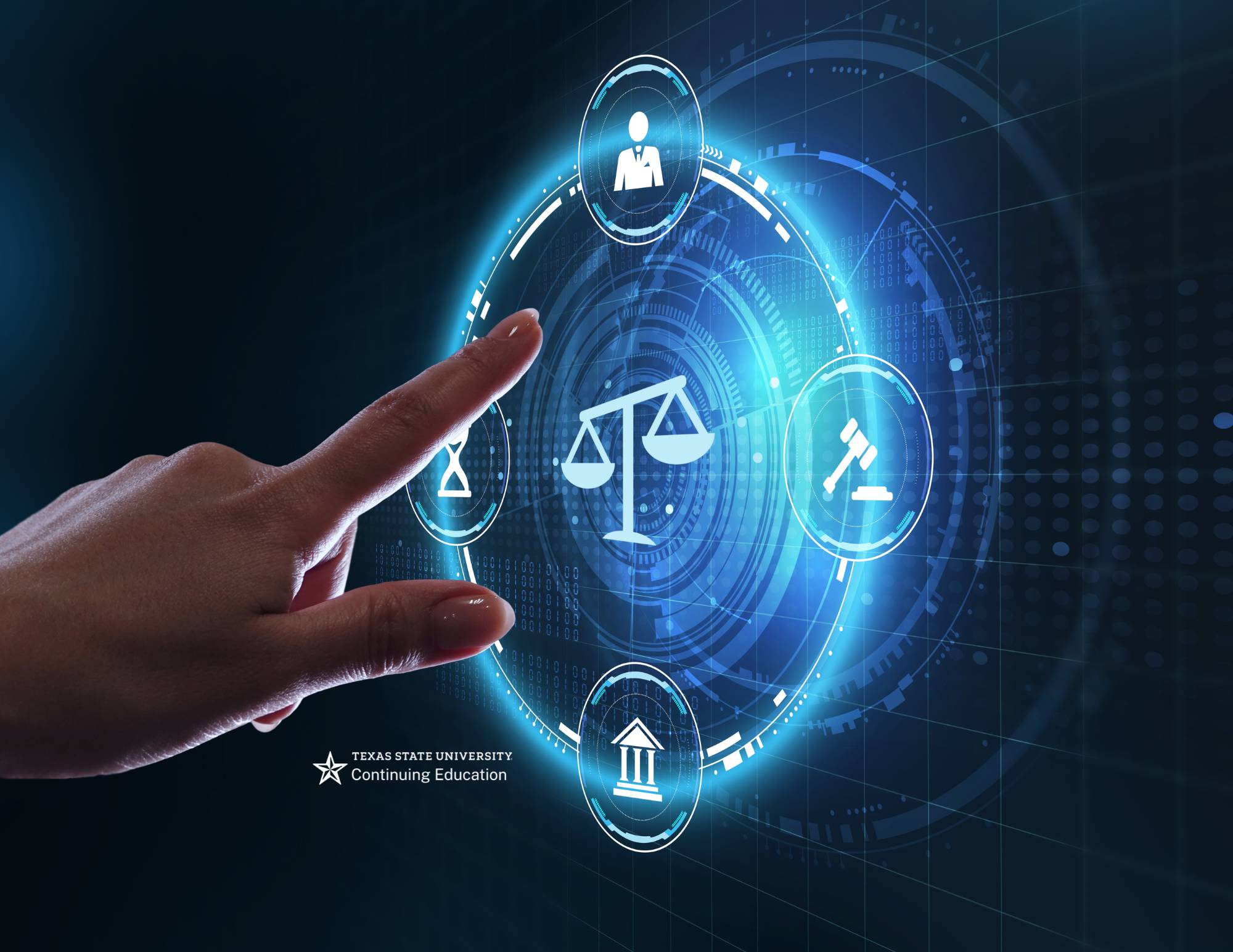 finger pointing to a digital wheel in blue and white