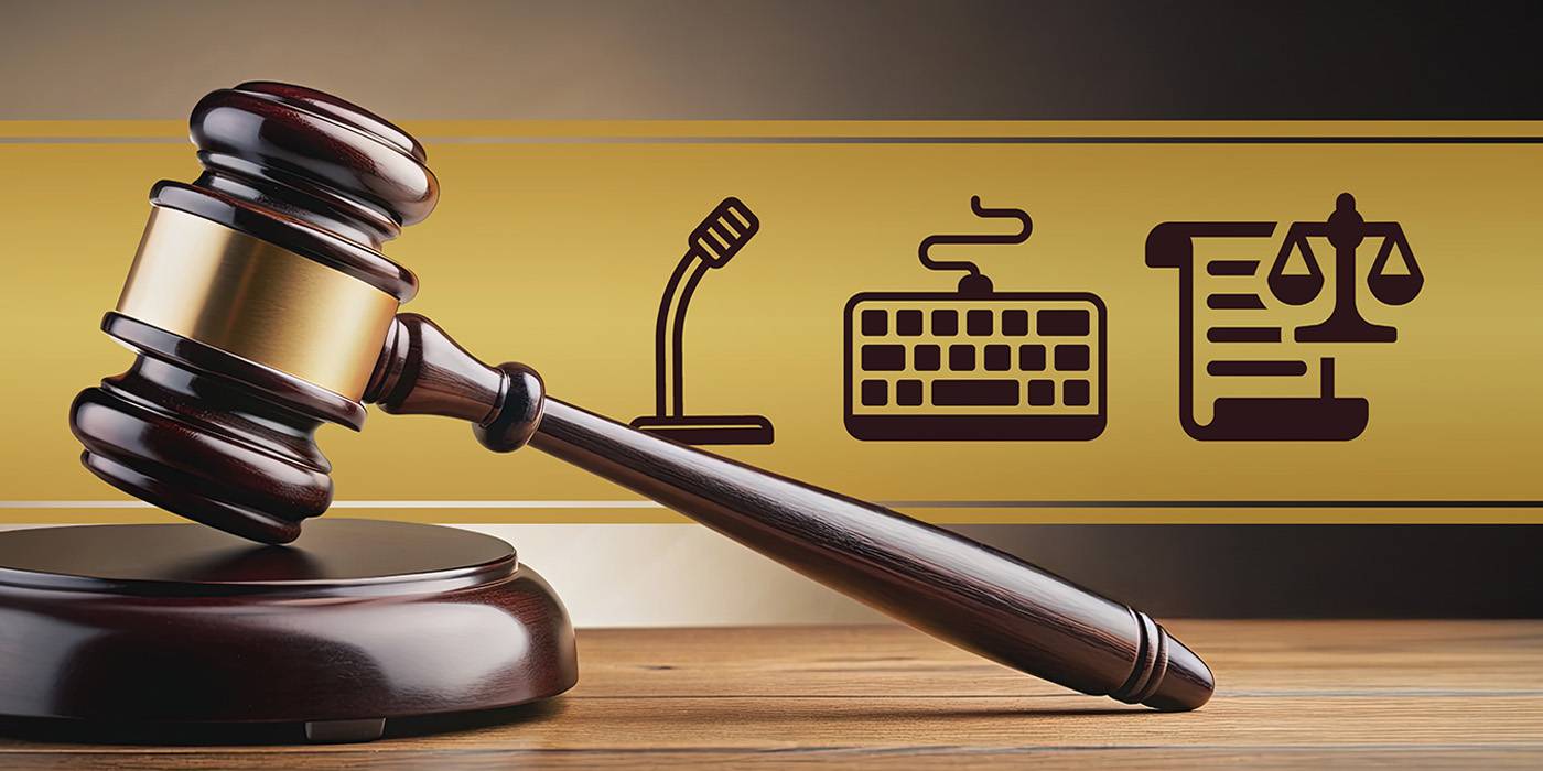 gavel on stand in front of digital icons for court reporting