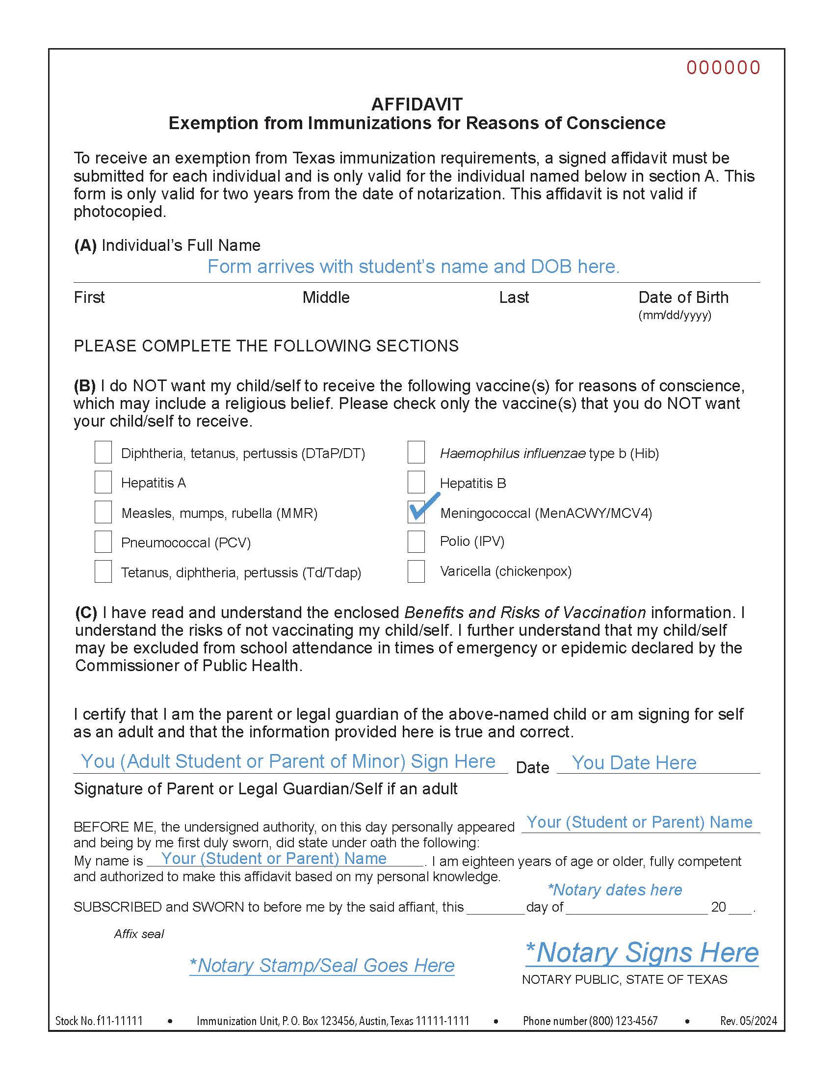 Image of the "Exemption from Immunizations for Reasons of Concience" affidavit showing the proper way to complete the form.