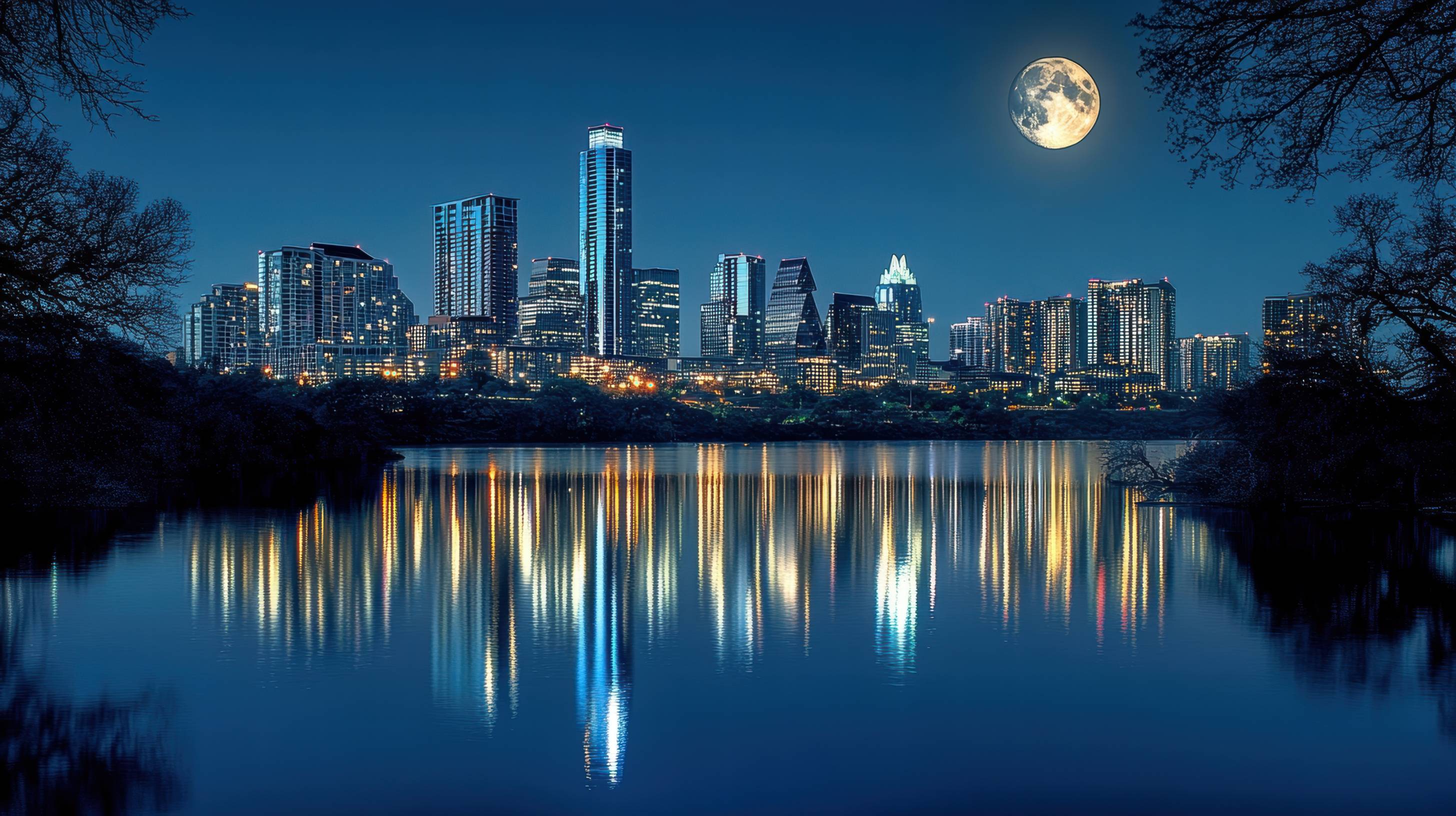 Image of Austin skyline at night, moon shining over the city
