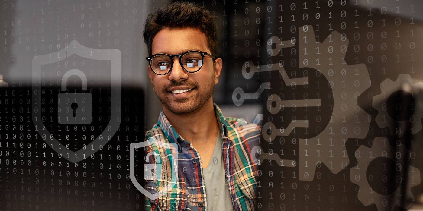 a man in glasses with digital representations of data and security floating around him