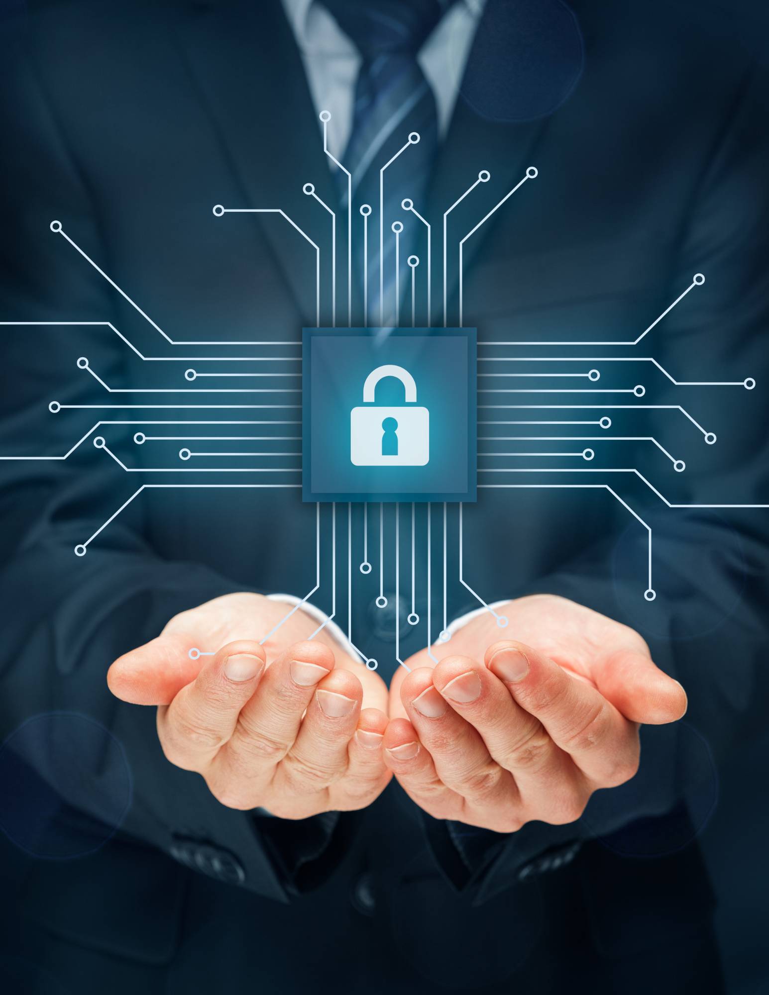 man in suit holding out hands cradling digital image