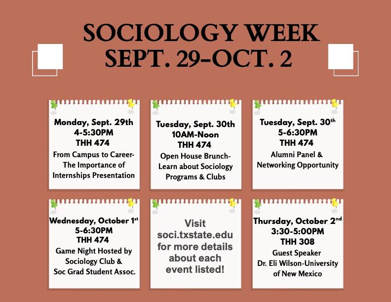 an image of upcoming sociology week events. check our calendar below for more details 