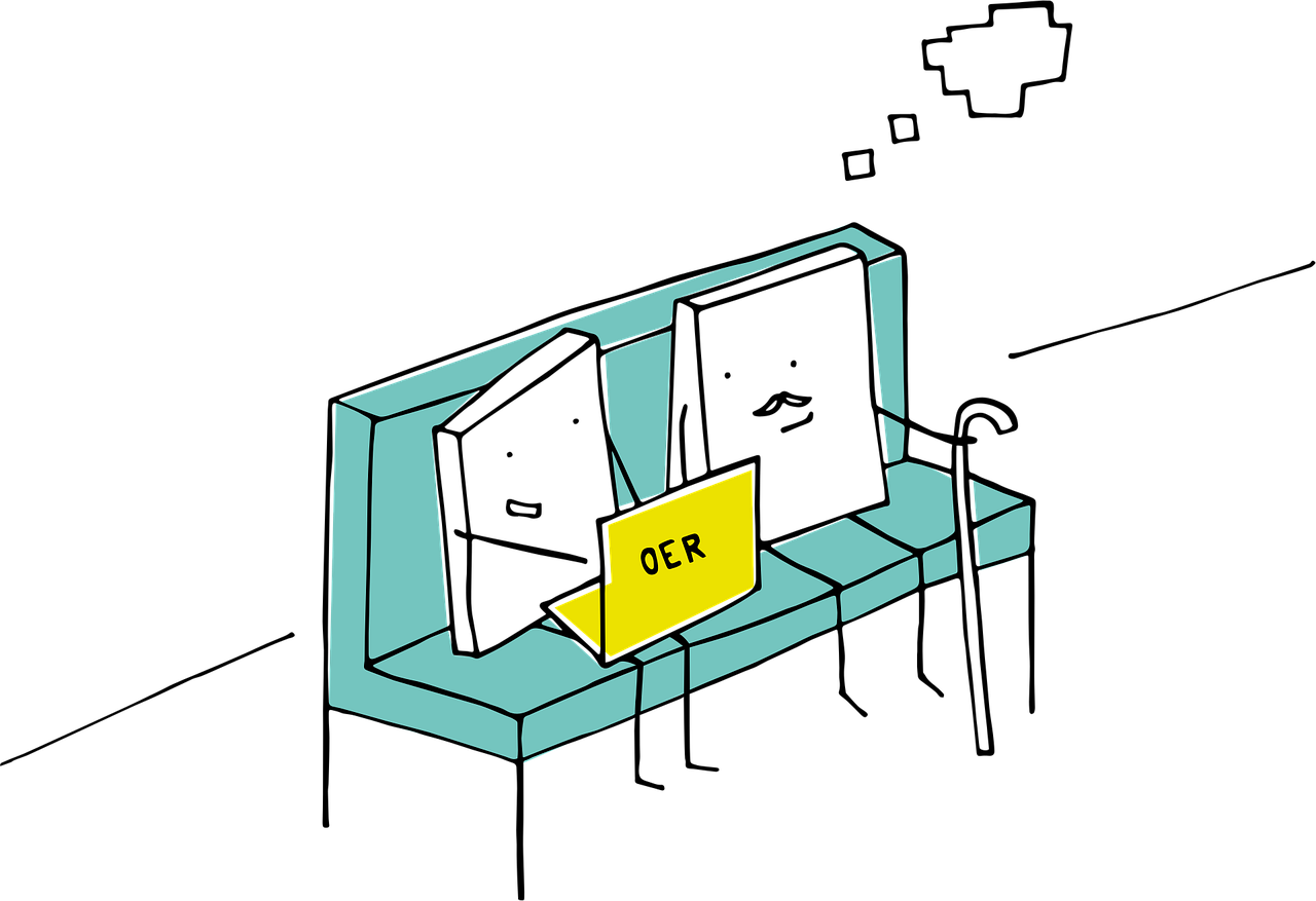 illustration with characters looking at a laptop with OER