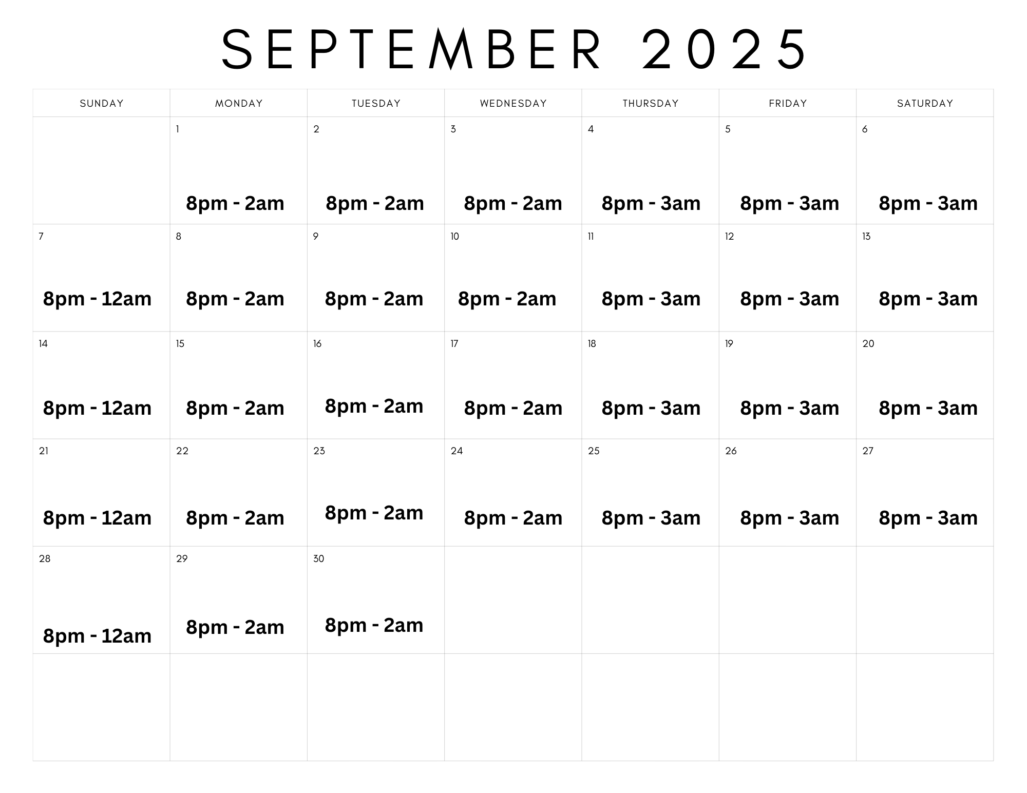 September 2025 Schedule 