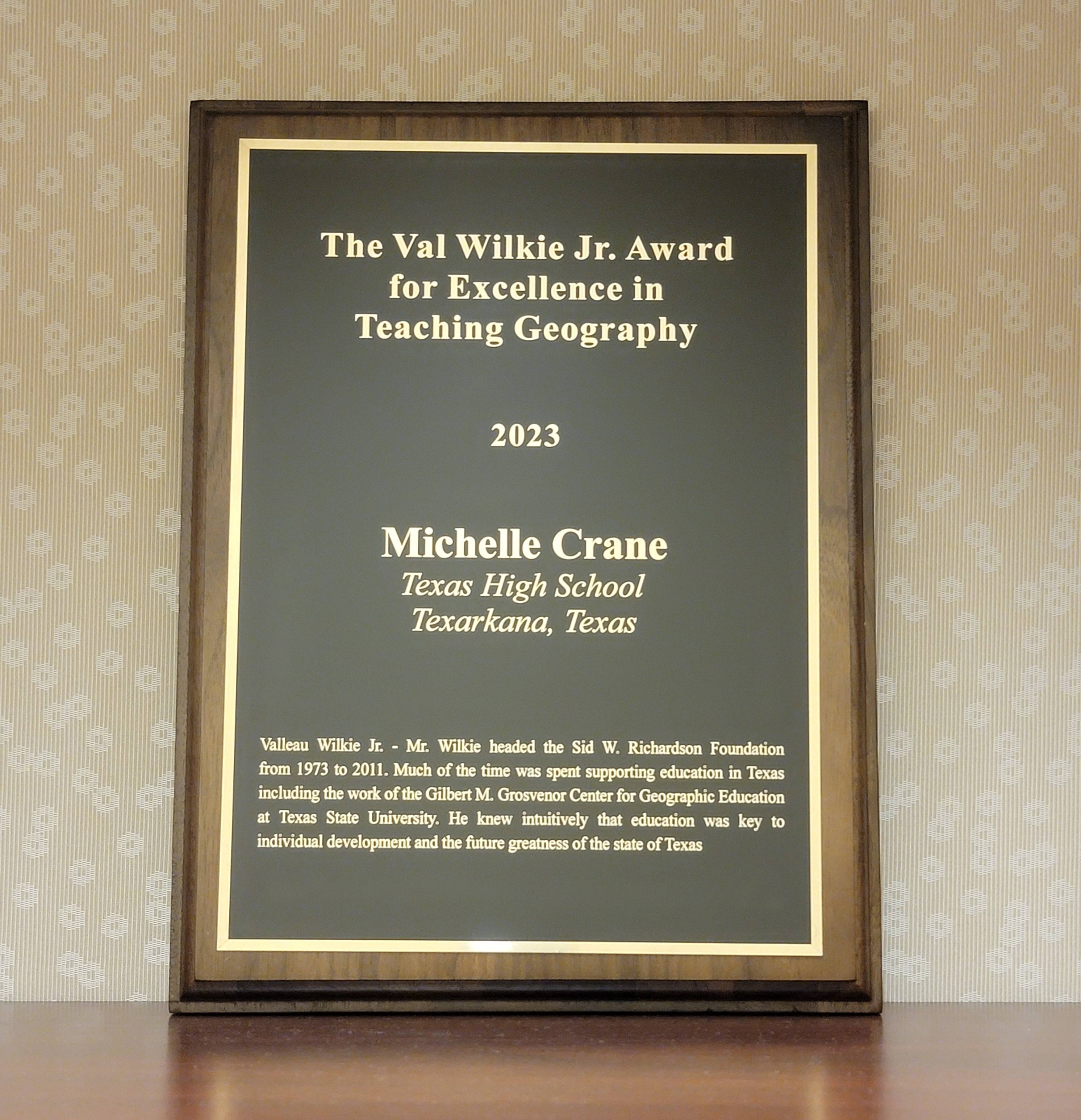Plaque for Michelle Crane