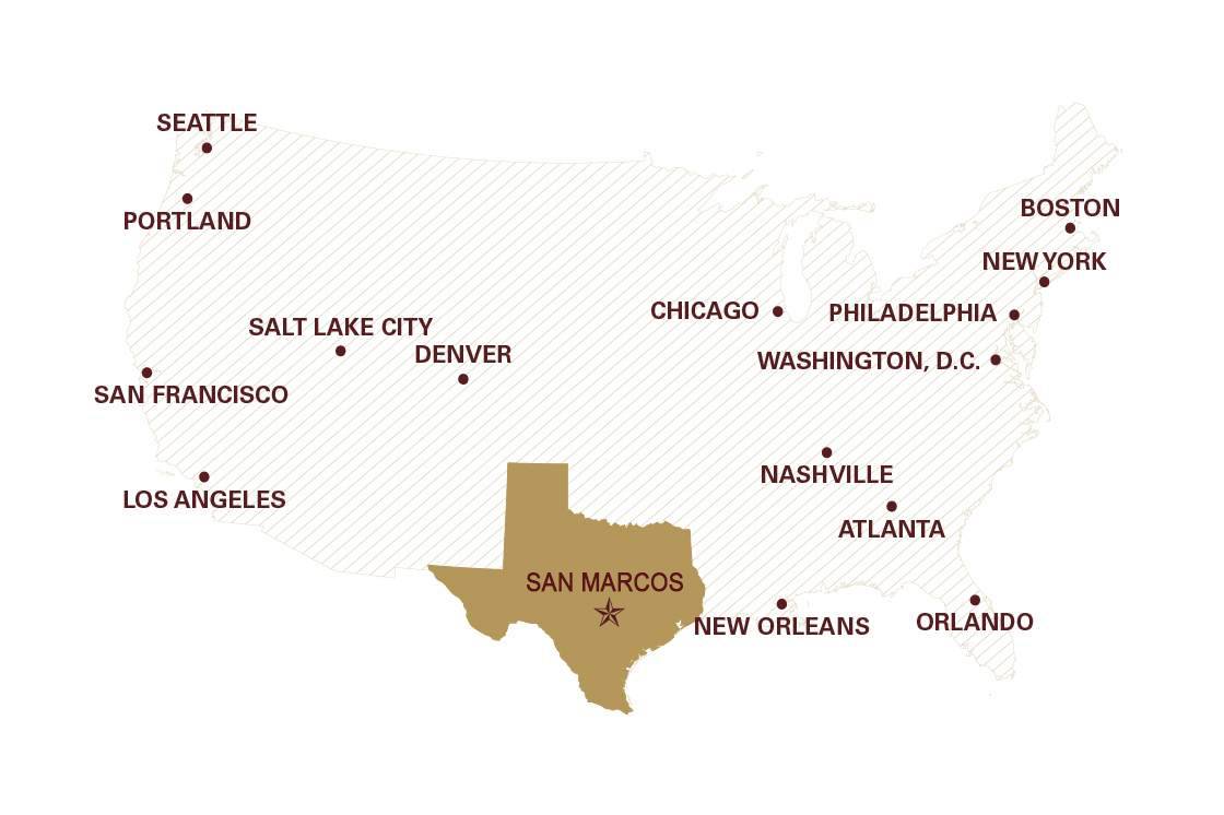 a map of the united states highlights the location of Texas and San Marcos