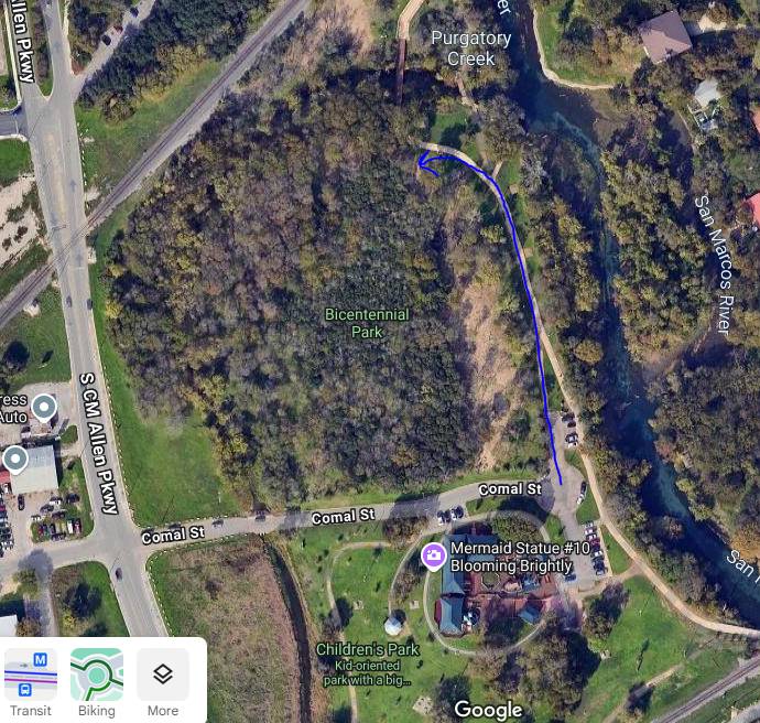 Map of Bicentennial Park for volunteer event with KSMB. Park in Children's Park parking lot and follow blue arrow to meeting location.
