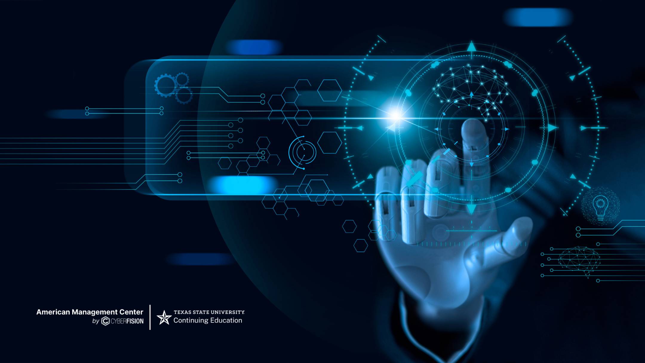 white metal robotic hand with finger touching blue computer screen