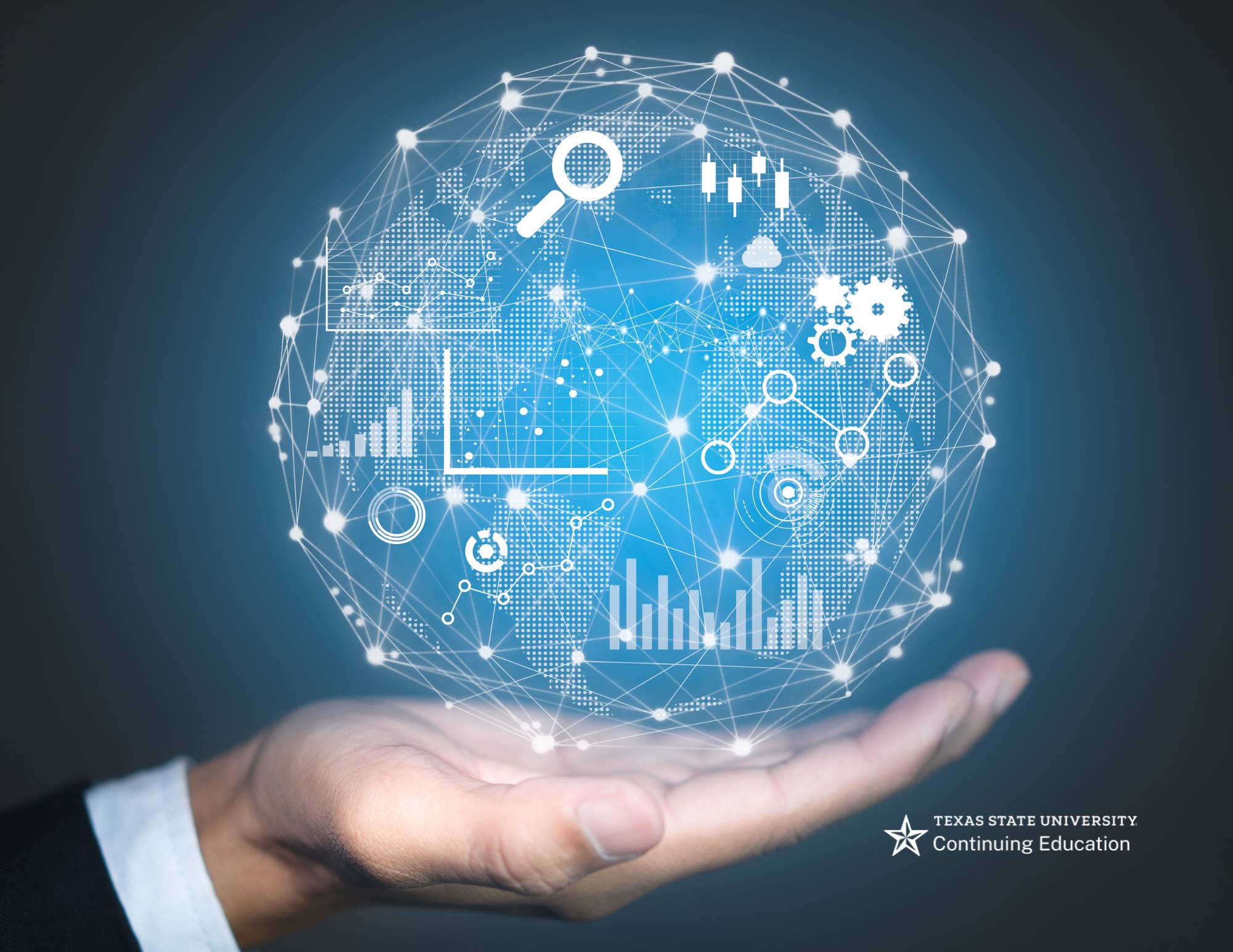 A man's hand holding a globe made of data