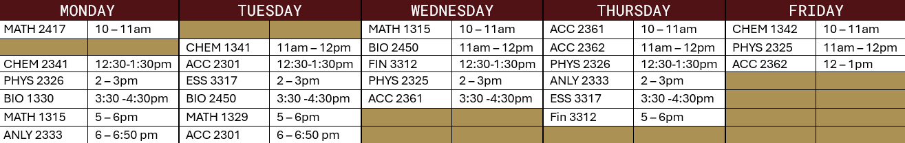 small group tutoring schedule table