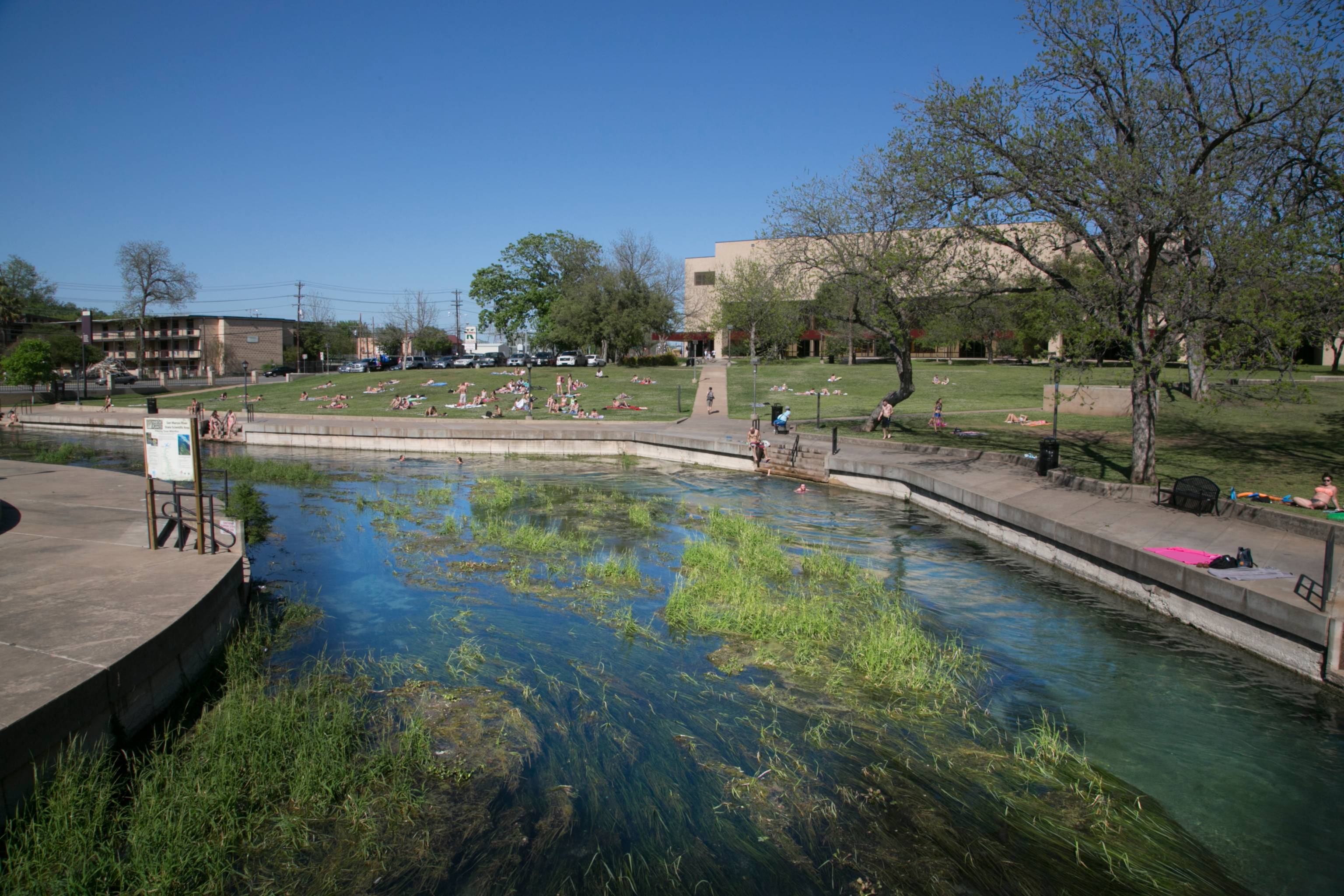 Students are gathered at Sewell Park enjoying the river.