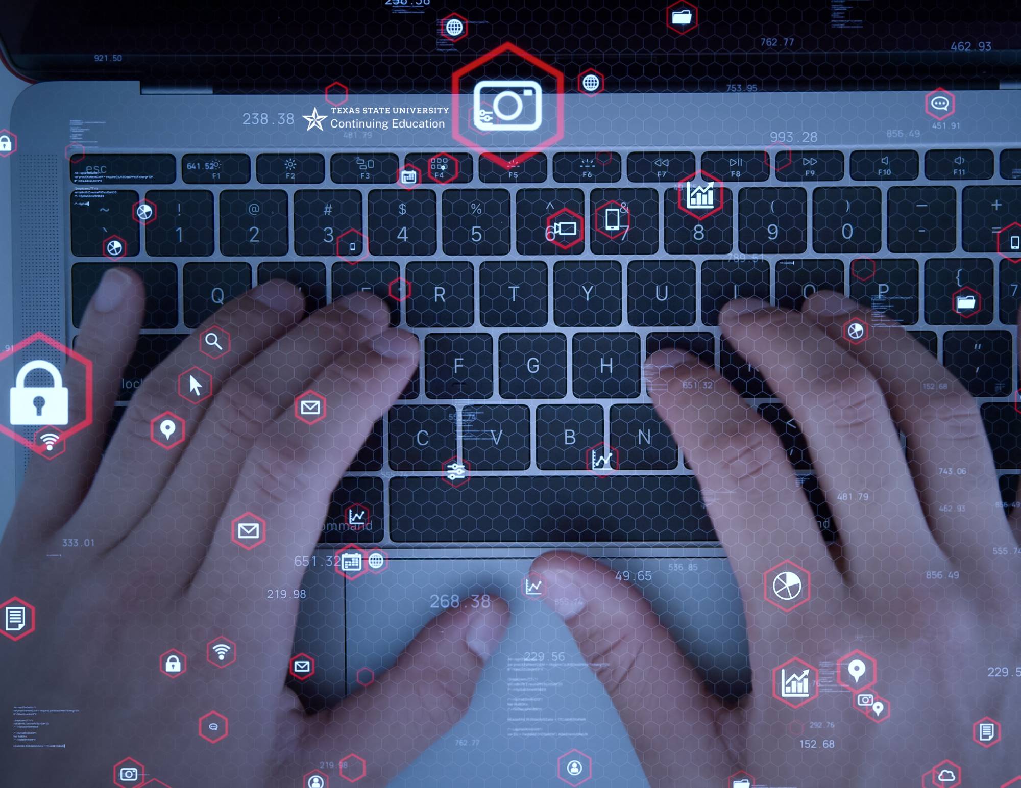 man typing on keyboard with digital images around him
