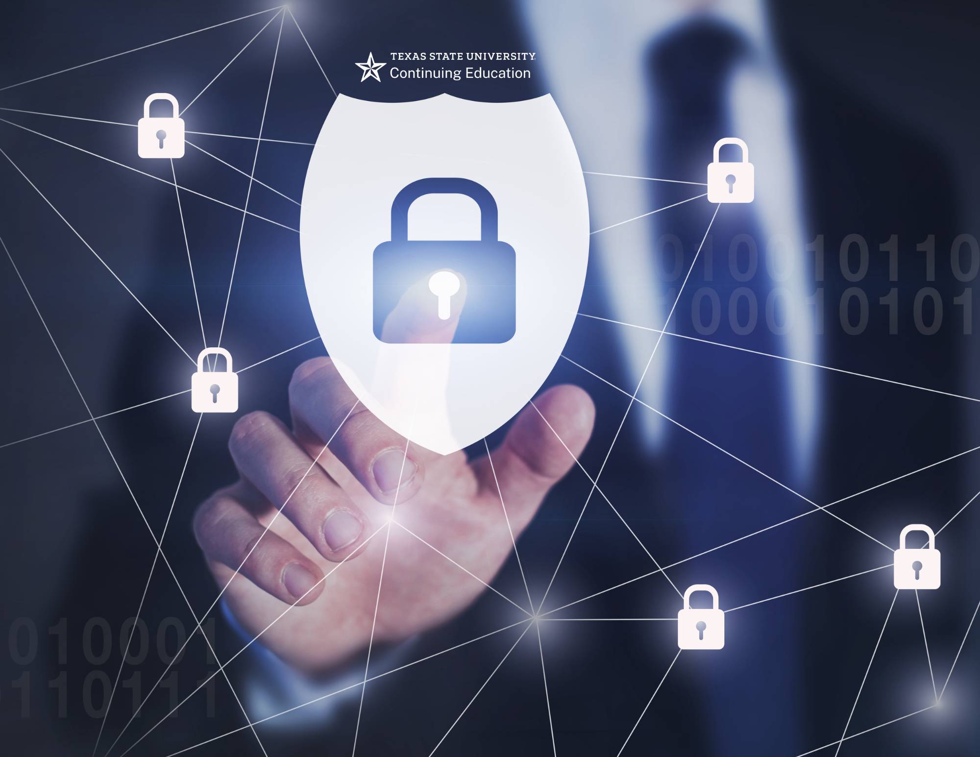 A man pointing at a digital security badge in the air