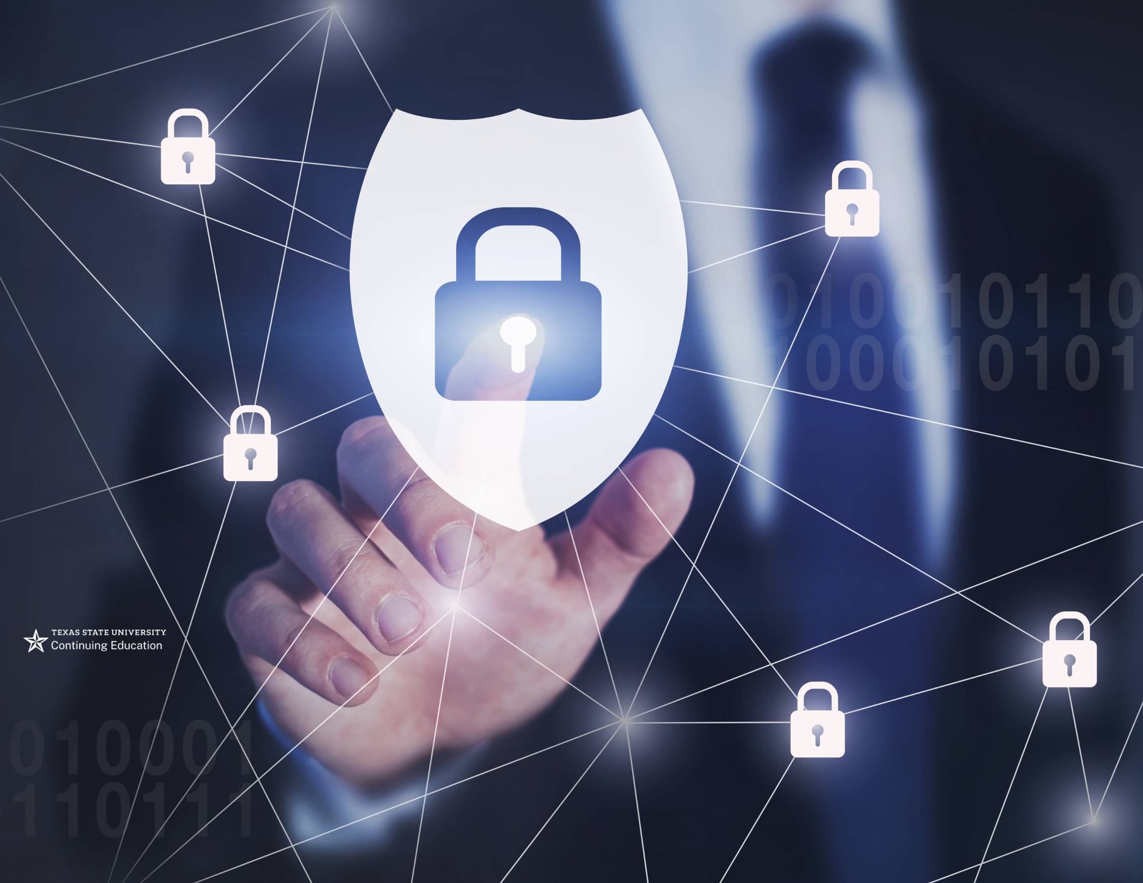 A man pointing at a digital security badge in the air