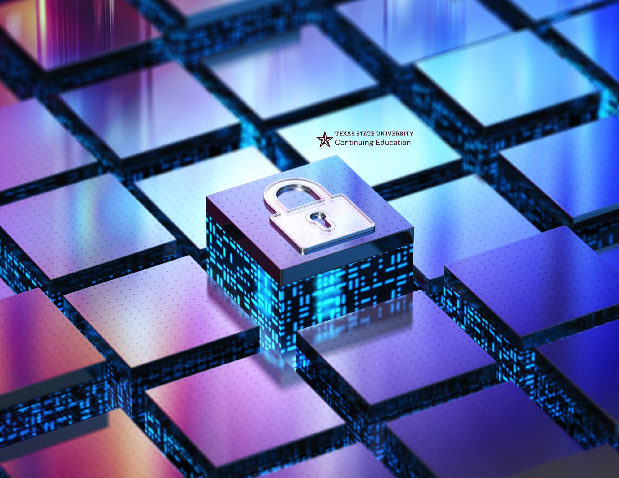 blocks of purple and blue with a white lock on one