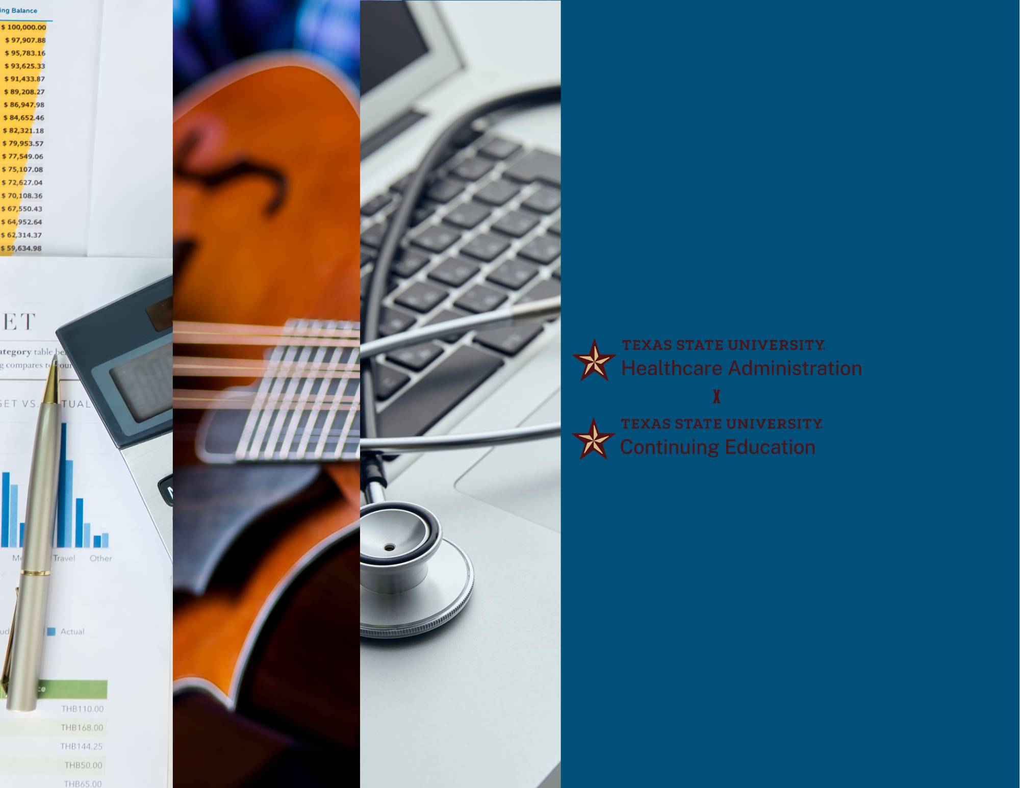 image of balance sheet over a mandolin next to a stethoscope on a laptop