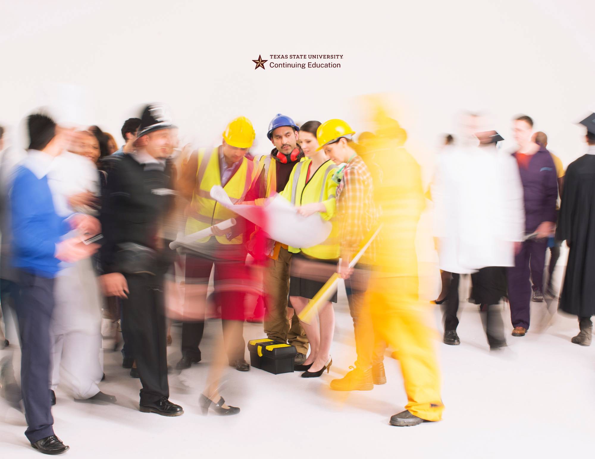 many people from different jobs converge in one place