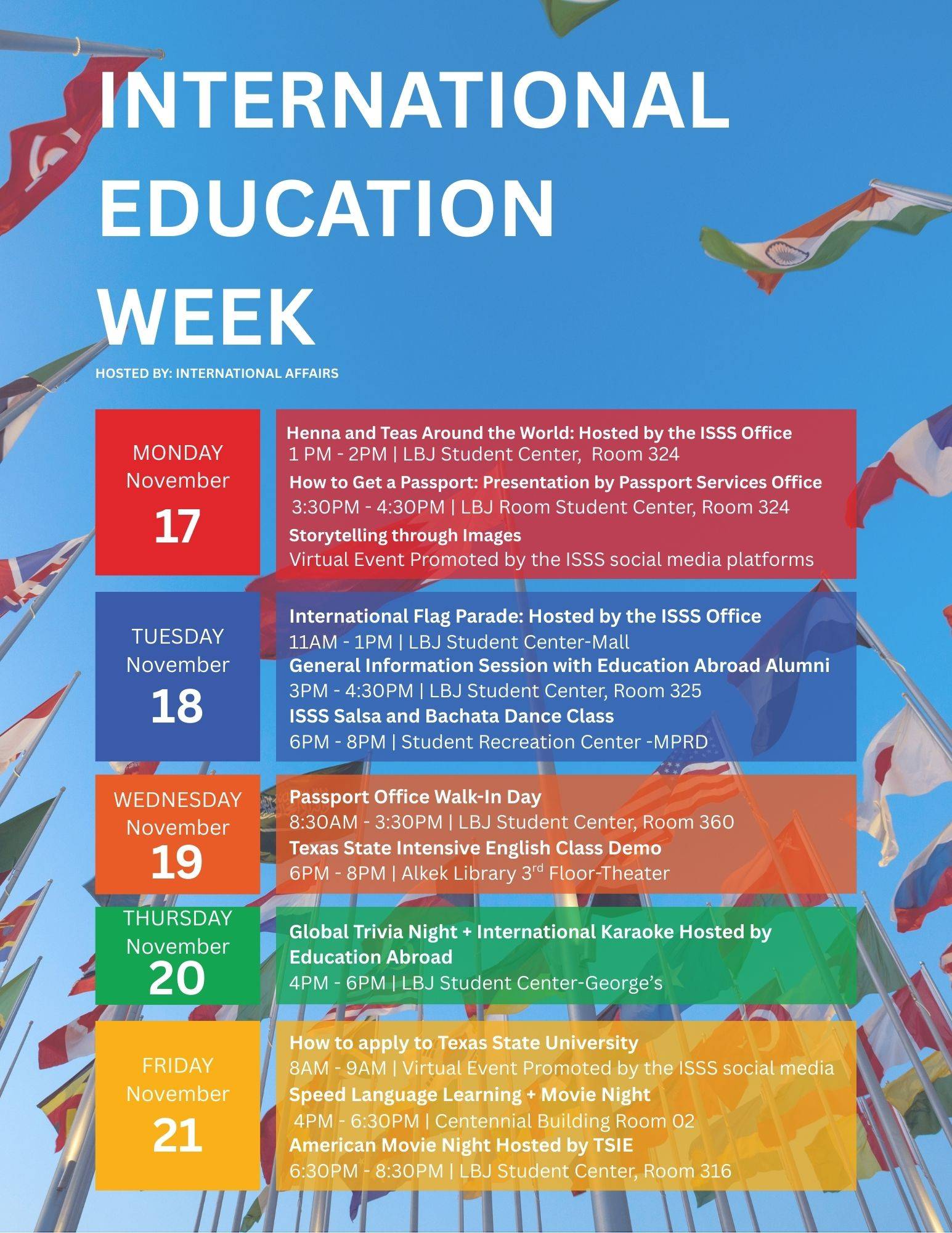 Outline of the IEW events on a calendar for 2025