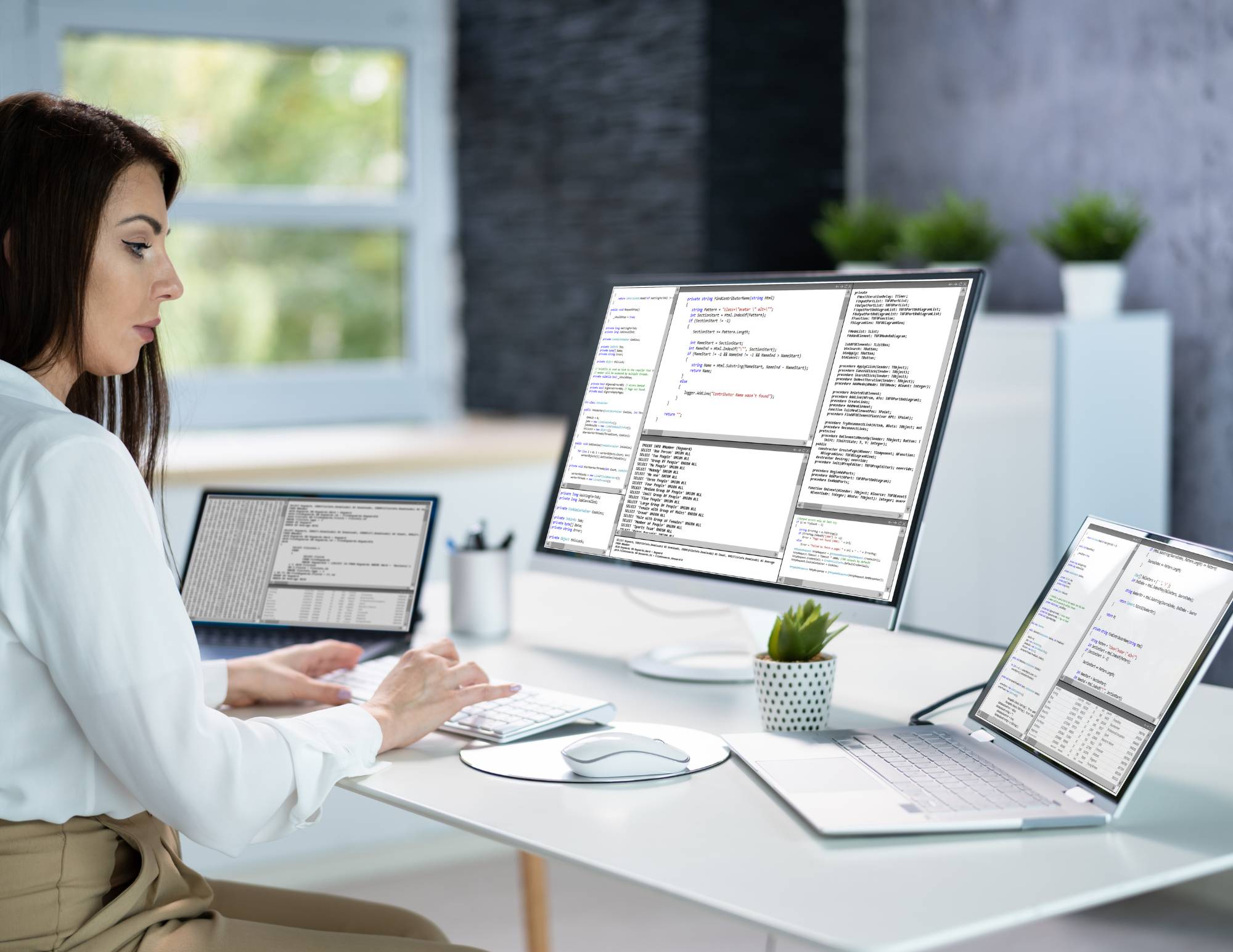 woman in front of 3 computers coding