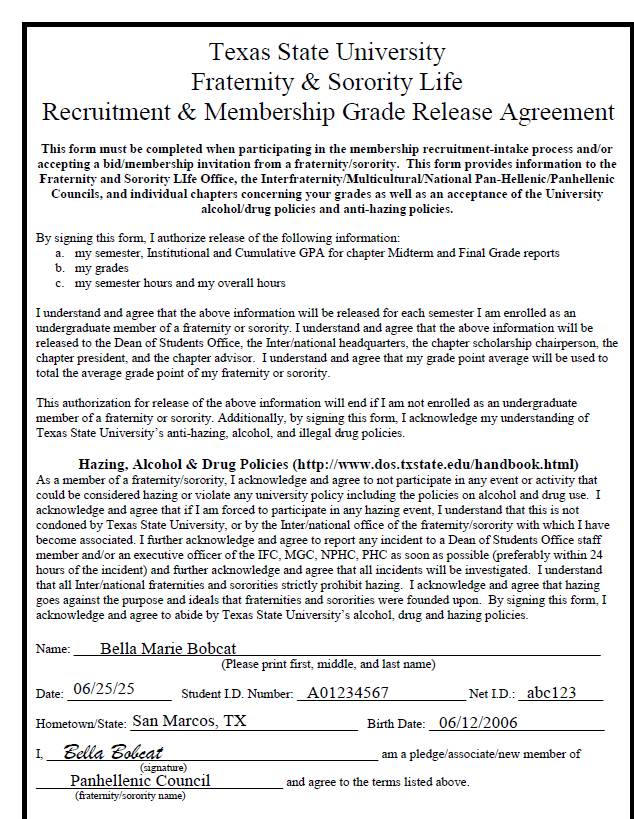 Example of Grade Release Form