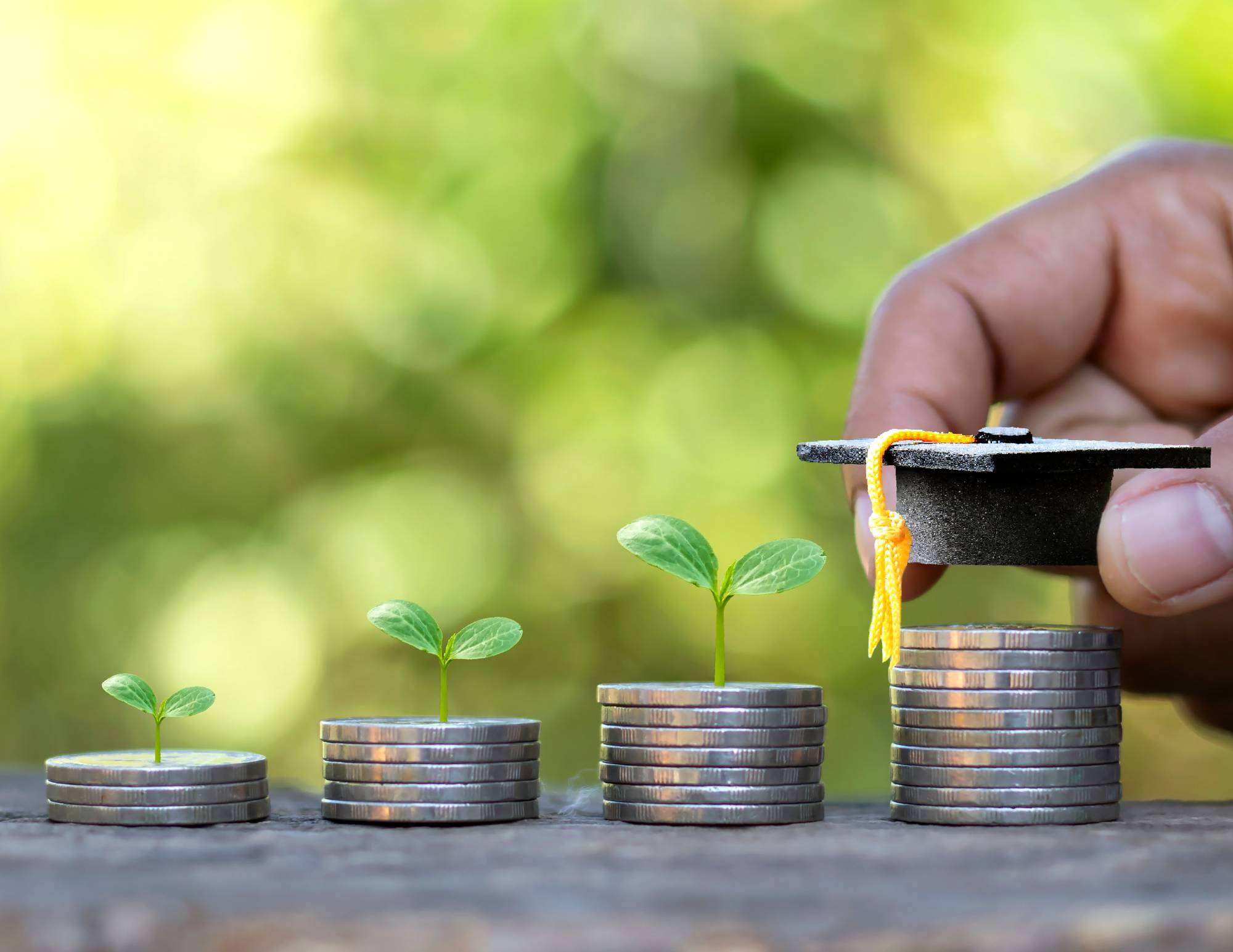 four rising stacks of quarters with plants on them and man placing grad hat on highest stack