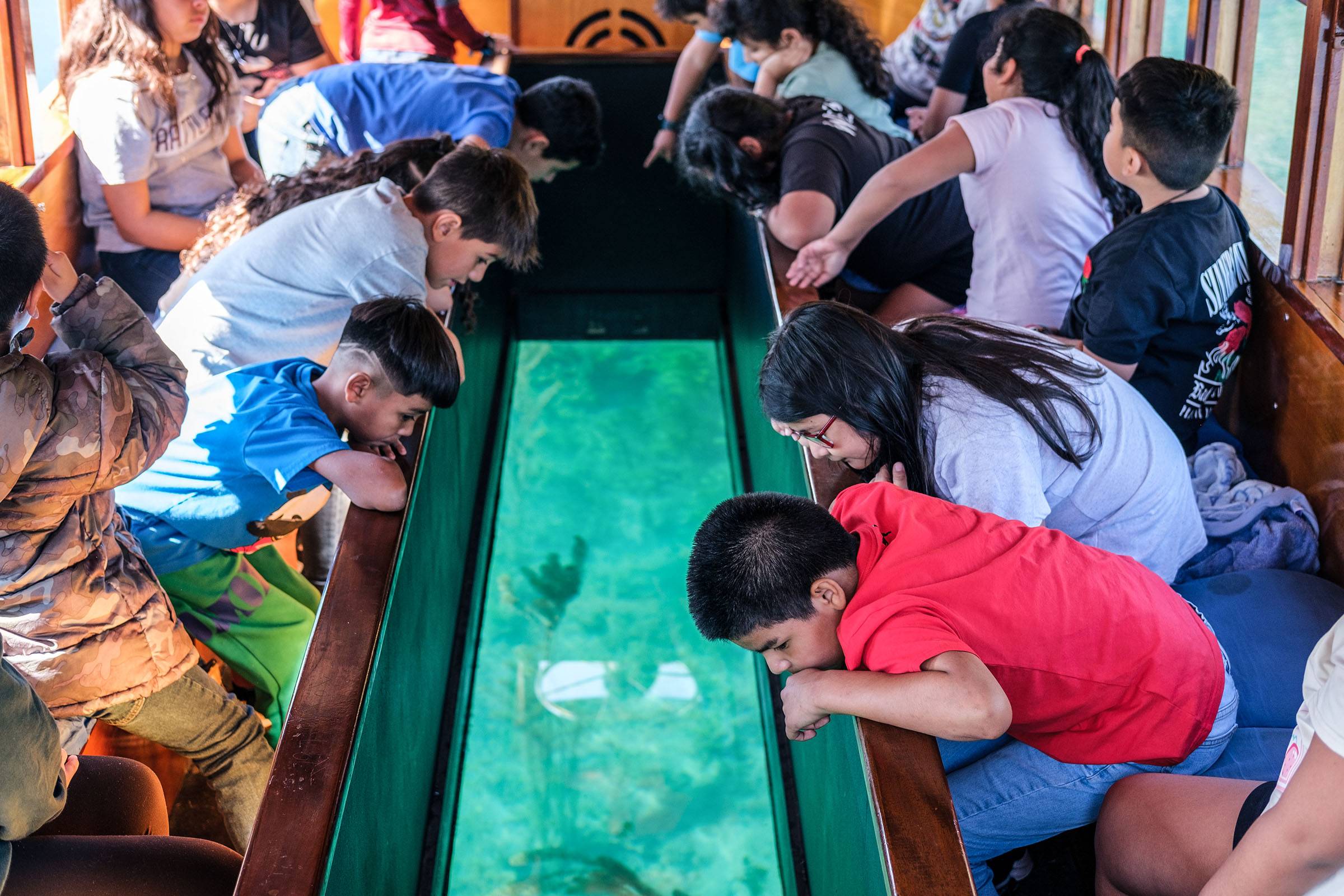 children looking into a glass bottom boat