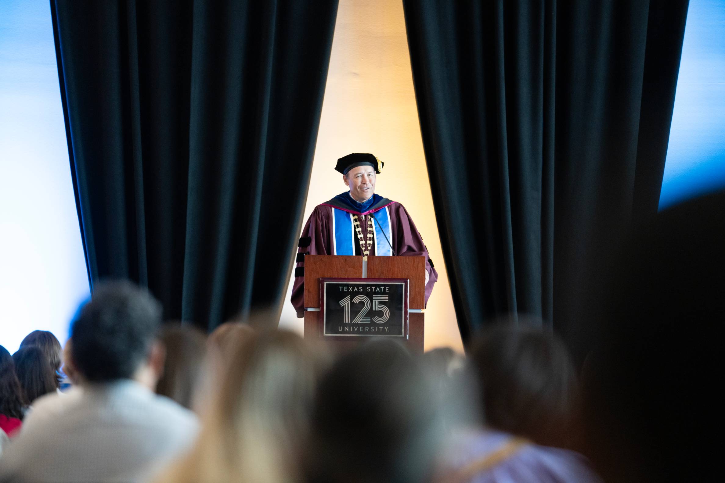 TXST President Kelly Damphousse speaking at the Nu of Texas Induction and Installation Ceremony