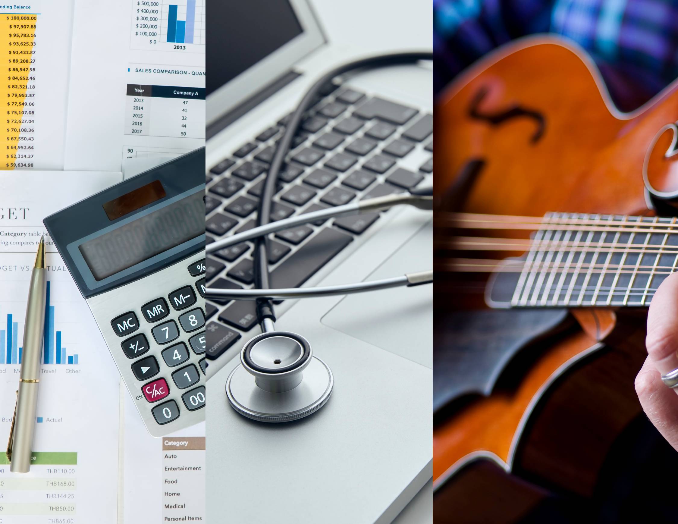 images of balance sheet, calculator, stethoscope on laptop and man playing mandolin