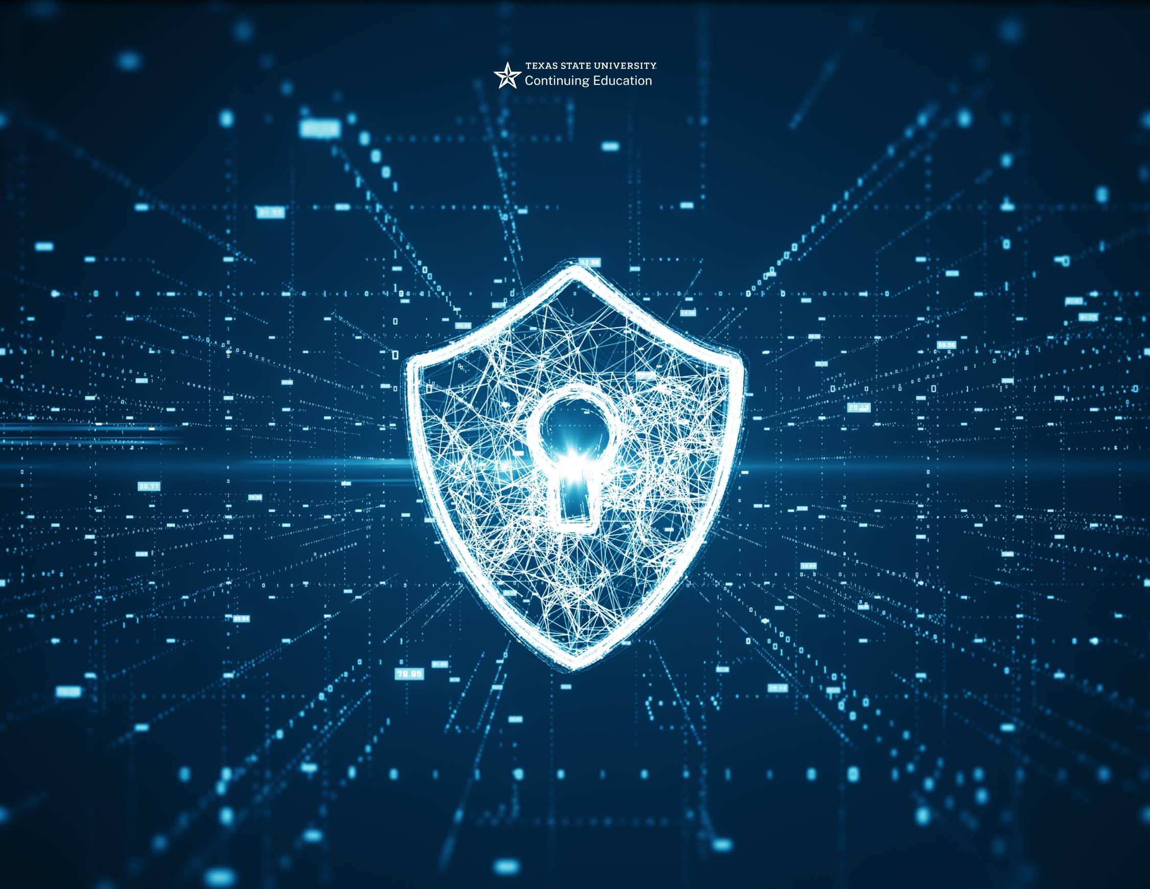 digital shield made of digital dots and lines  over blue background