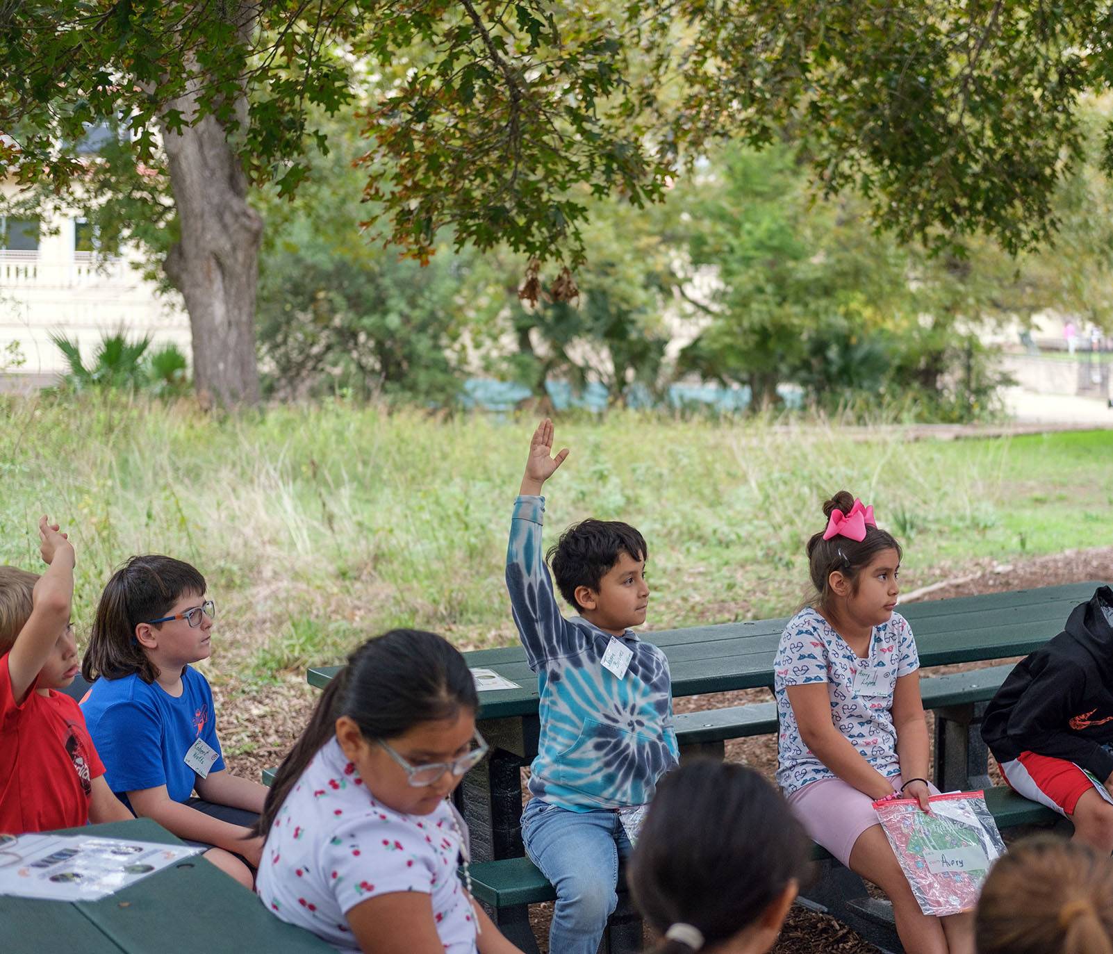 A little boy among a group of children sitting outside has his hand raised.